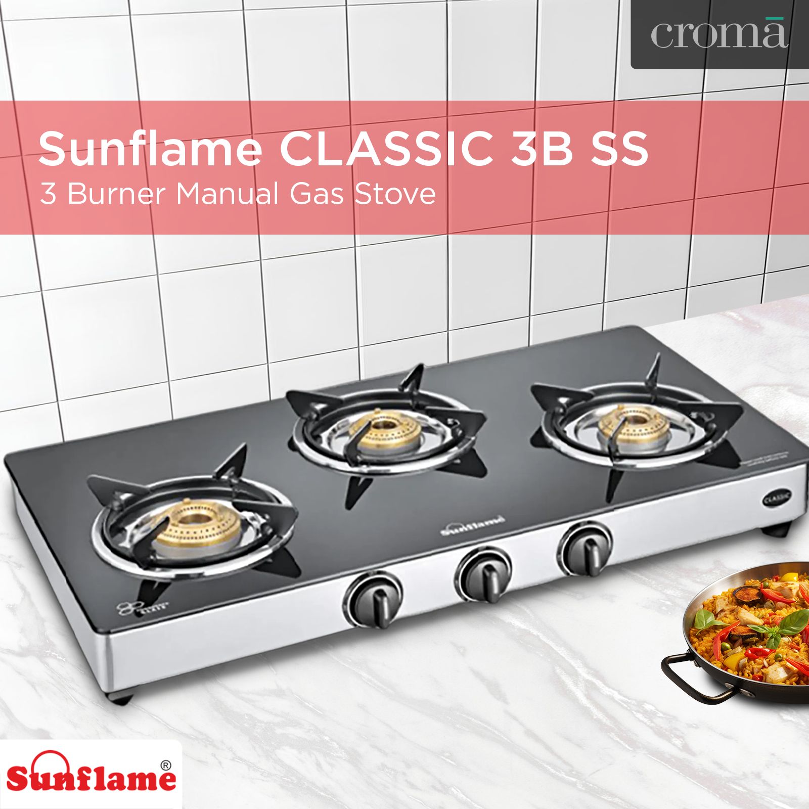 Sunflame CLASSIC 3B SS Toughened Glass Top 3 Burner Manual Gas Stove (Stainless Steel Drip Tray, Black)_7