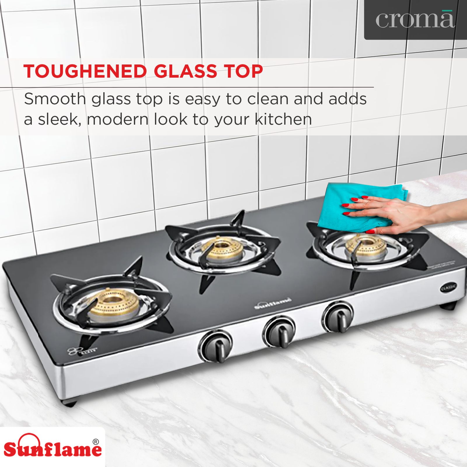 Sunflame CLASSIC 3B SS Toughened Glass Top 3 Burner Manual Gas Stove (Stainless Steel Drip Tray, Black)_9