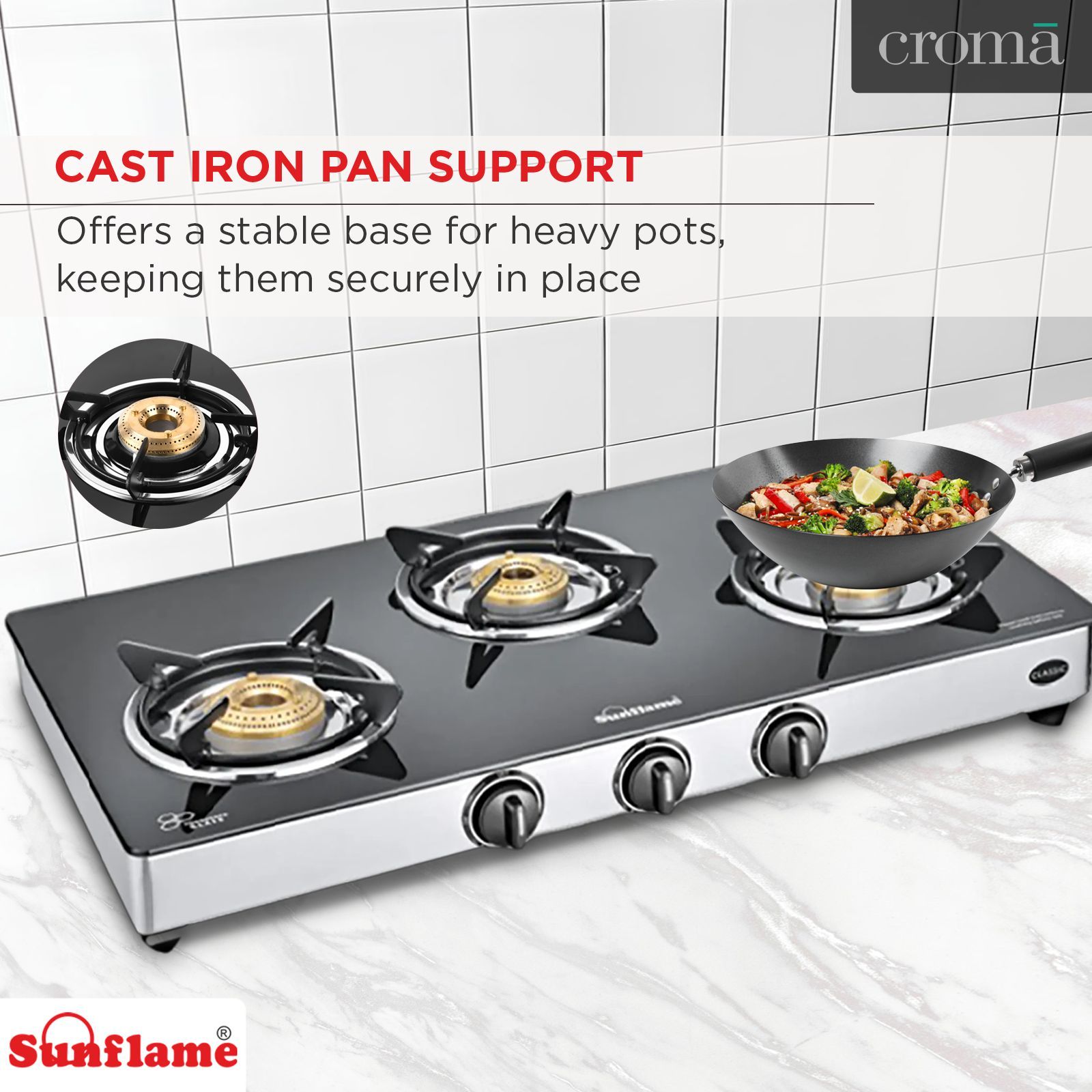 Sunflame CLASSIC 3B SS Toughened Glass Top 3 Burner Manual Gas Stove (Stainless Steel Drip Tray, Black)_10