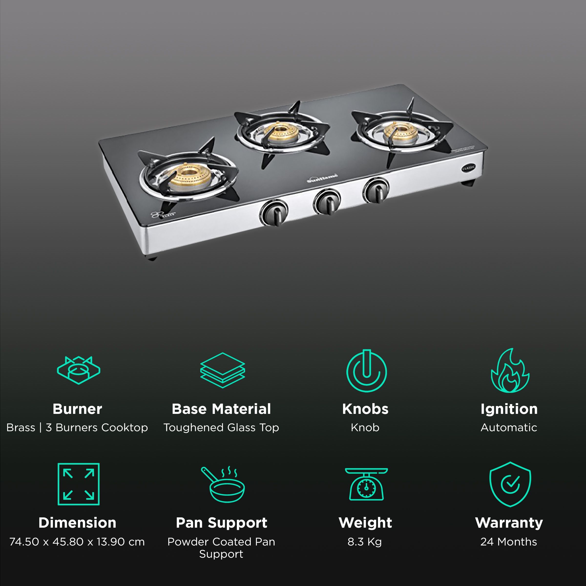 Sunflame CLASSIC 3B SS Toughened Glass Top 3 Burner Manual Gas Stove (Stainless Steel Drip Tray, Black)_3