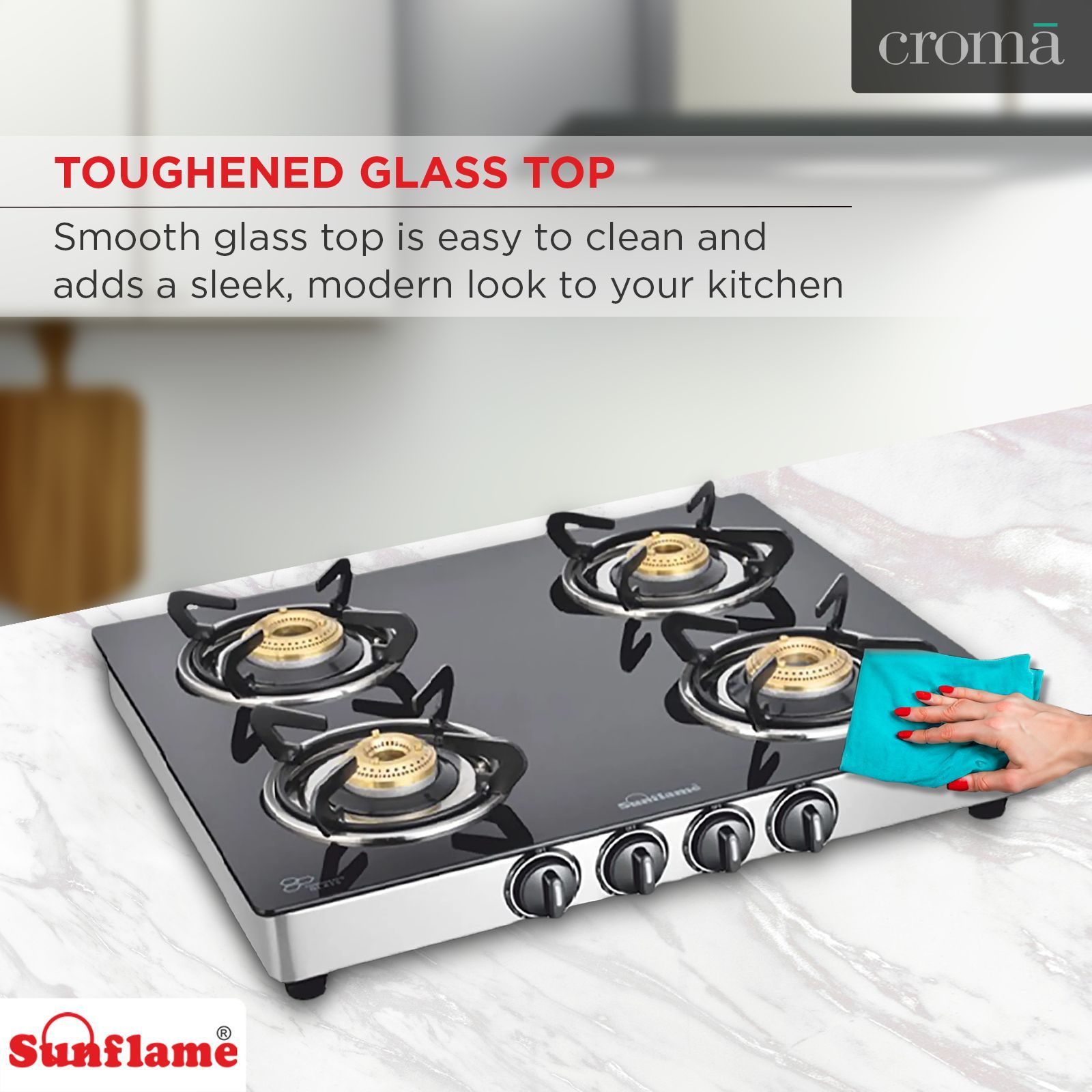 Sunflame CLASSIC 4B SS Toughened Glass Top 4 Burner Manual Gas Stove (Stainless Steel Drip Tray, Black)_9