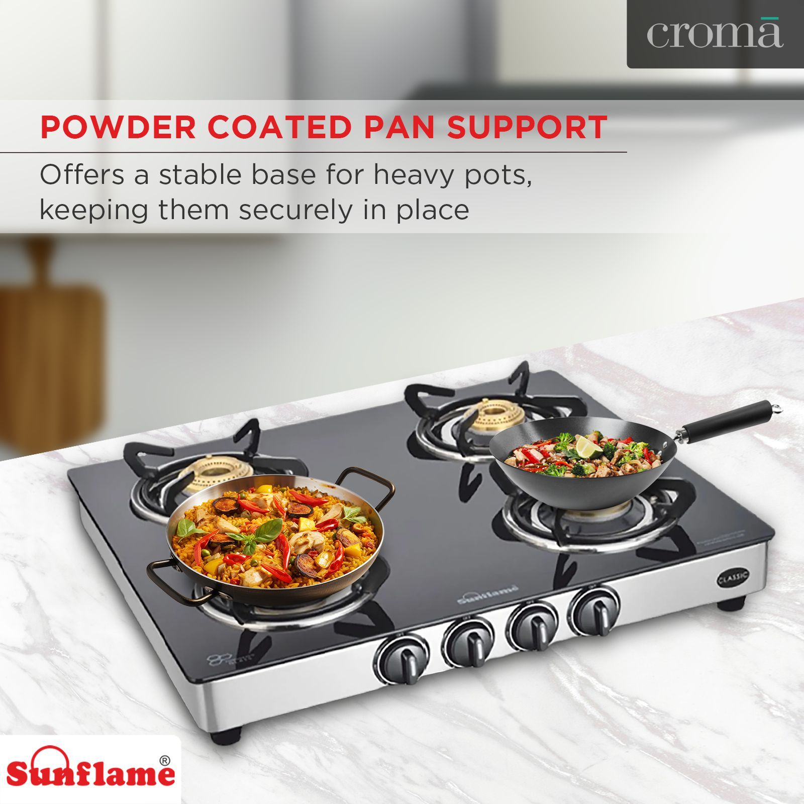 Sunflame CLASSIC 4B SS Toughened Glass Top 4 Burner Manual Gas Stove (Stainless Steel Drip Tray, Black)_10