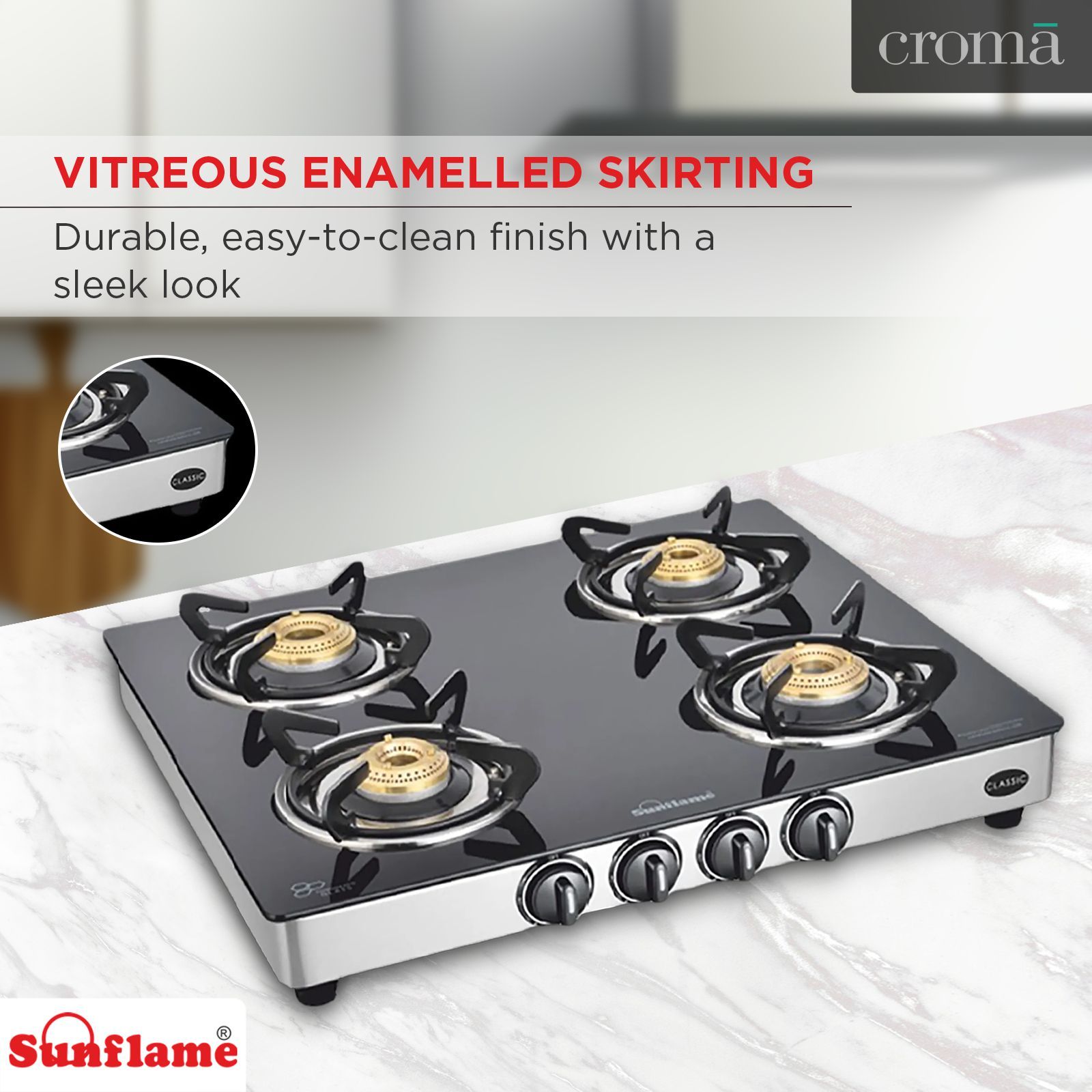 Sunflame CLASSIC 4B SS Toughened Glass Top 4 Burner Manual Gas Stove (Stainless Steel Drip Tray, Black)_11
