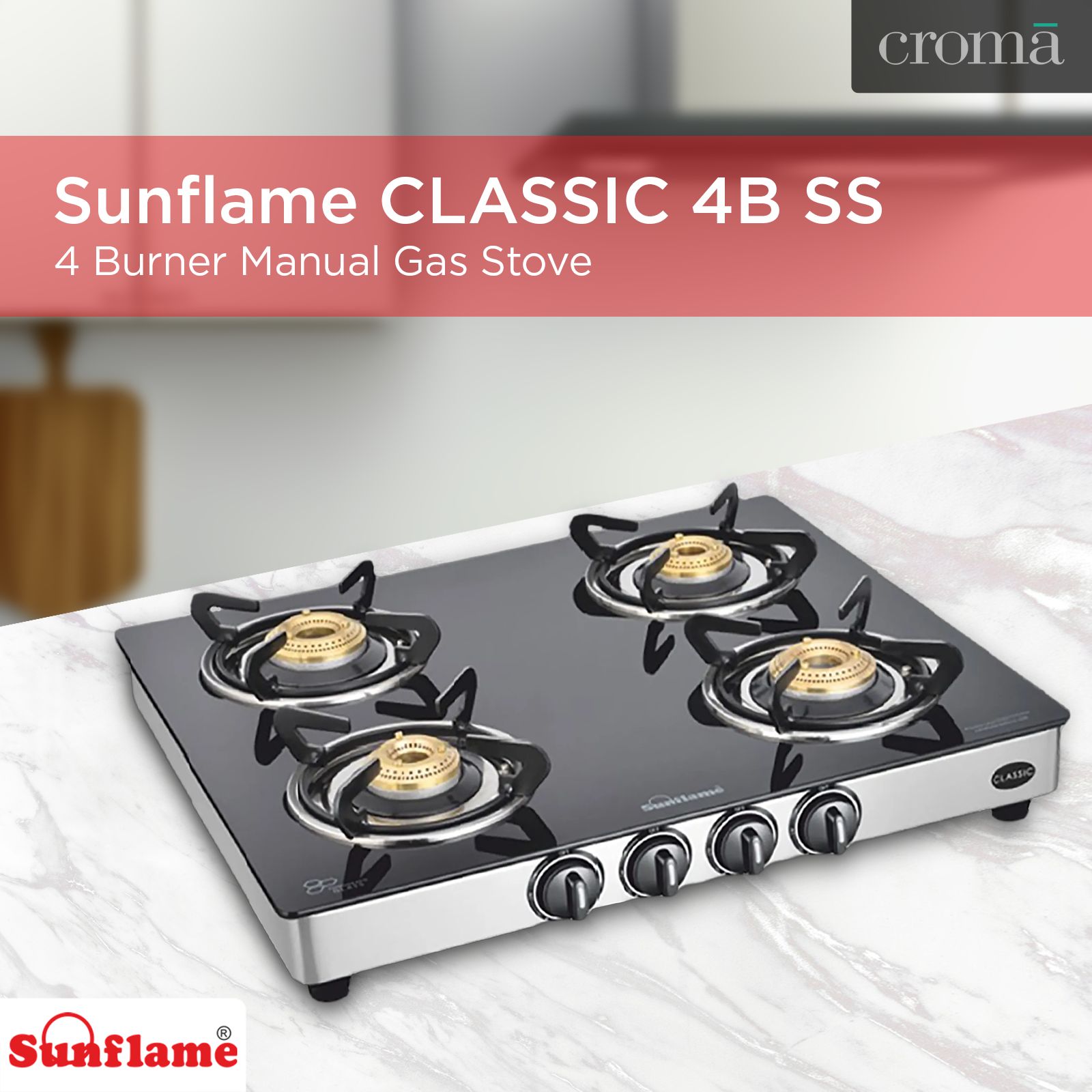 Sunflame CLASSIC 4B SS Toughened Glass Top 4 Burner Manual Gas Stove (Stainless Steel Drip Tray, Black)_7