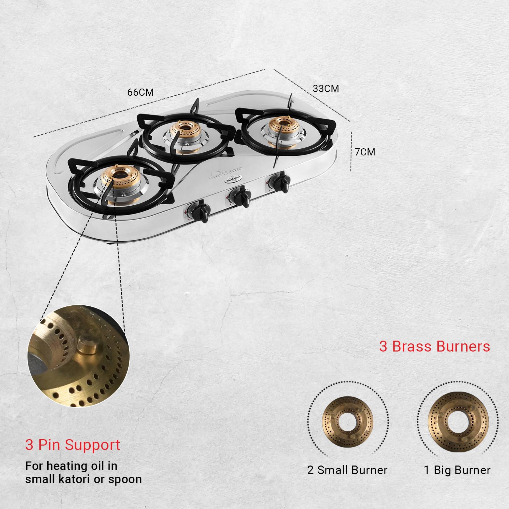 Sunflame SHAKTI STAR 3B 3 Burner Manual Gas Stove (Powder Coated Pan Support, Silver)_7