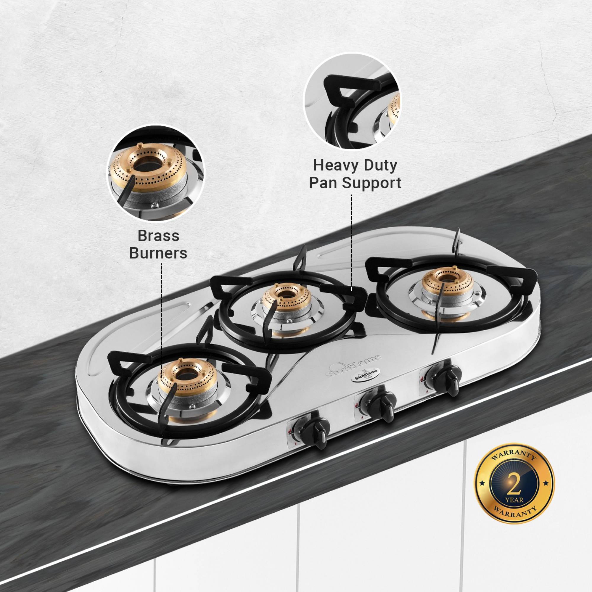 Sunflame SHAKTI STAR 3B 3 Burner Manual Gas Stove (Powder Coated Pan Support, Silver)_10