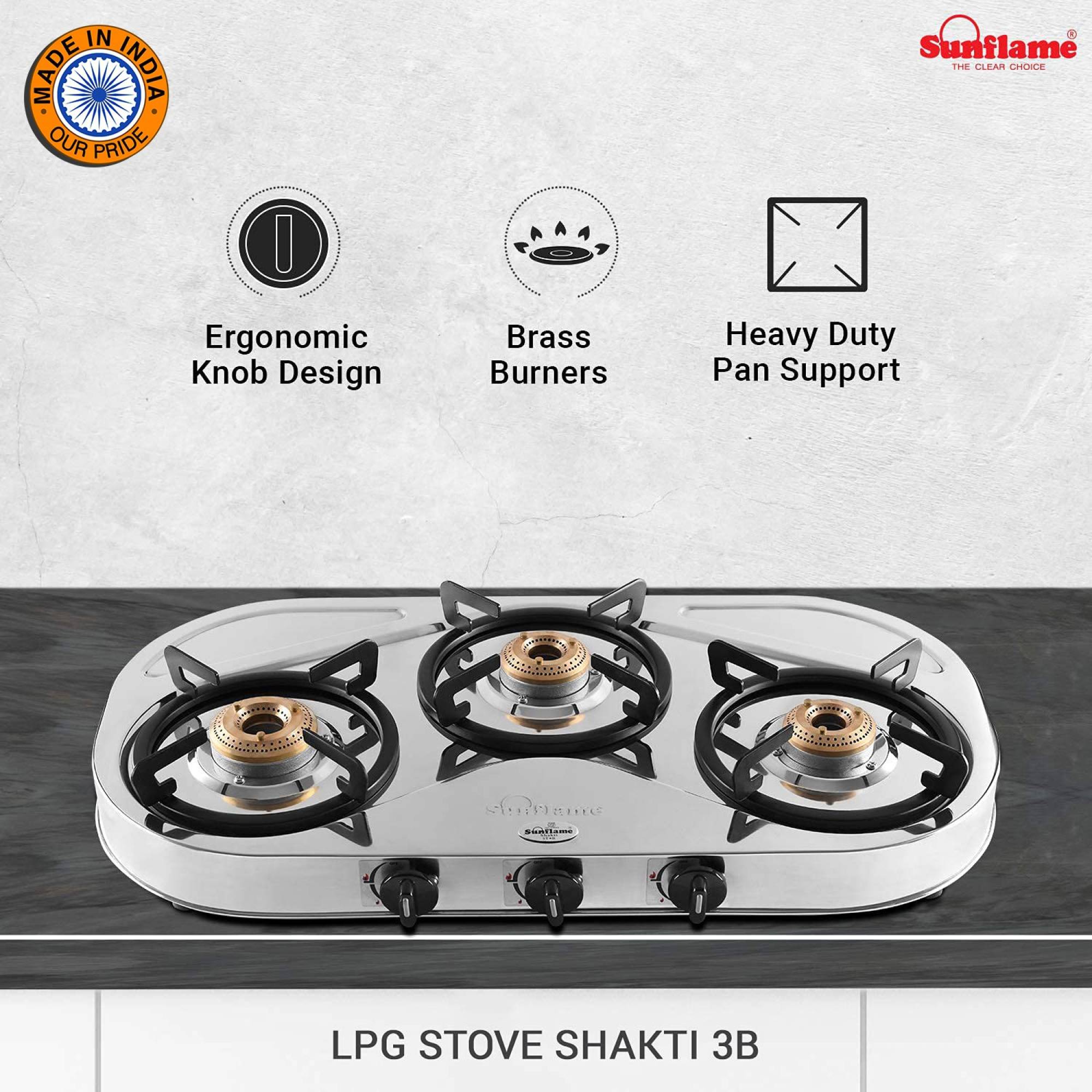 Sunflame SHAKTI STAR 3B 3 Burner Manual Gas Stove (Powder Coated Pan Support, Silver)_11