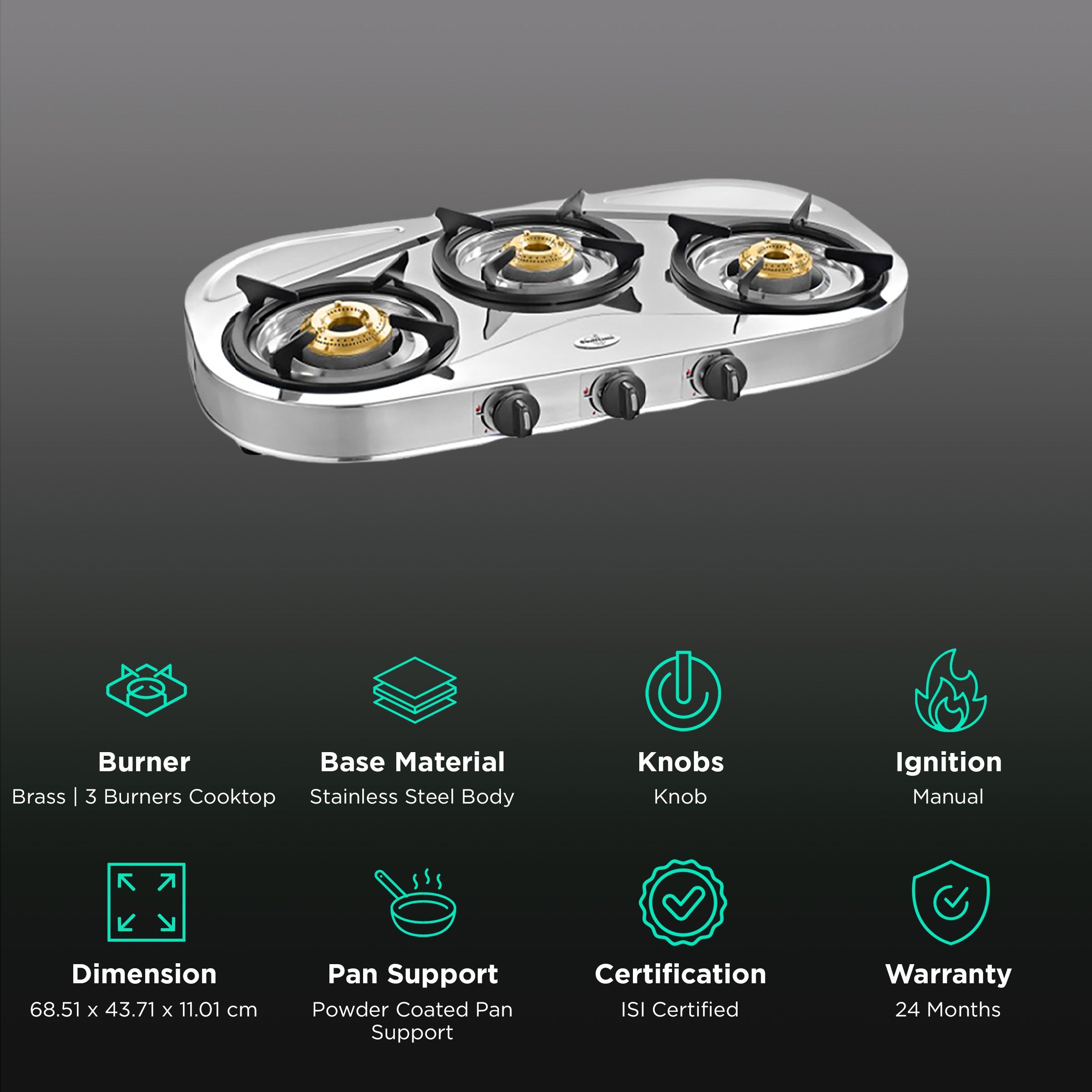 Sunflame SHAKTI STAR 3B 3 Burner Manual Gas Stove (Powder Coated Pan Support, Silver)_3