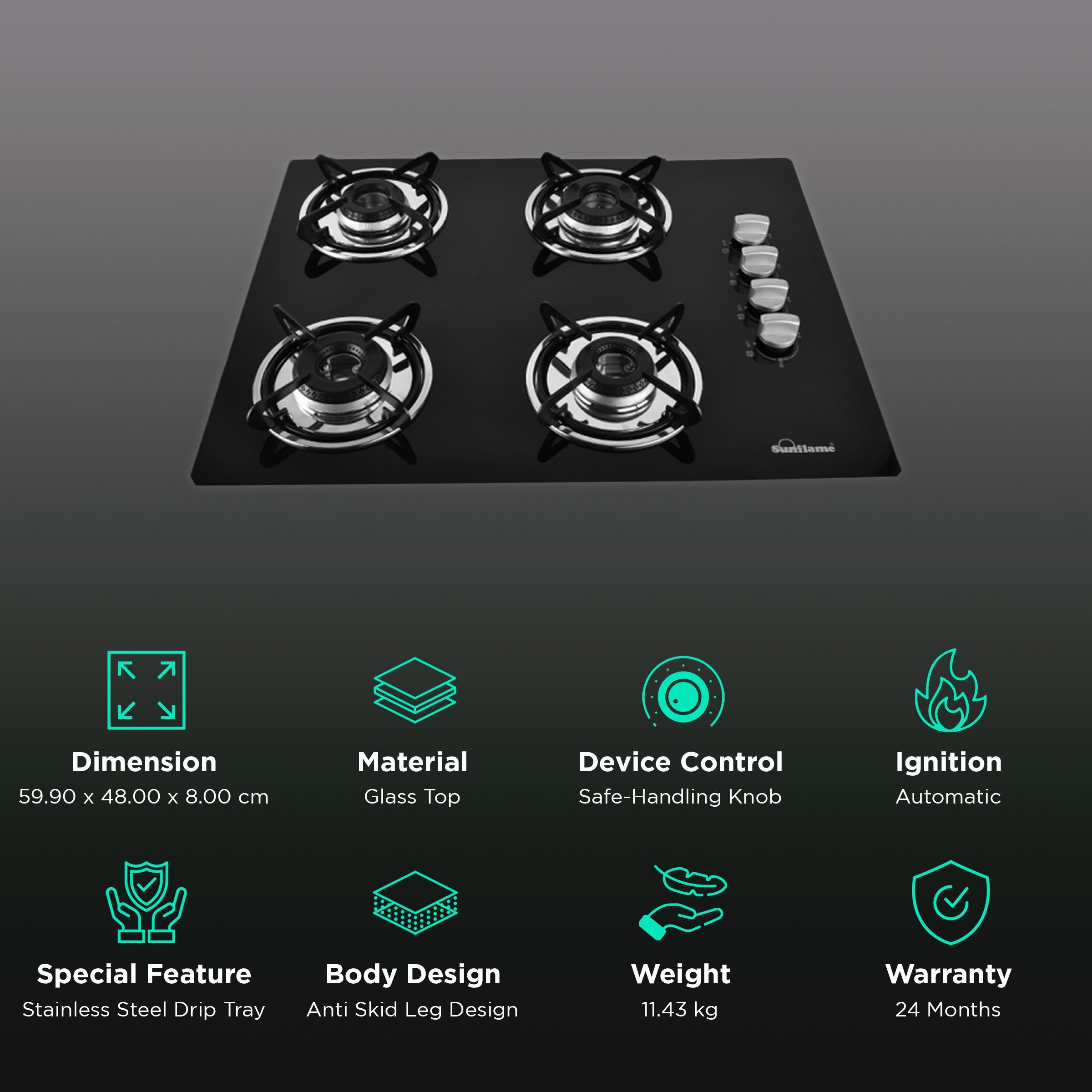 Sunflame Lotus Toughened Glass Top 4 Burner Automatic Hob (Heavy Duty Pan Support, Black)_3