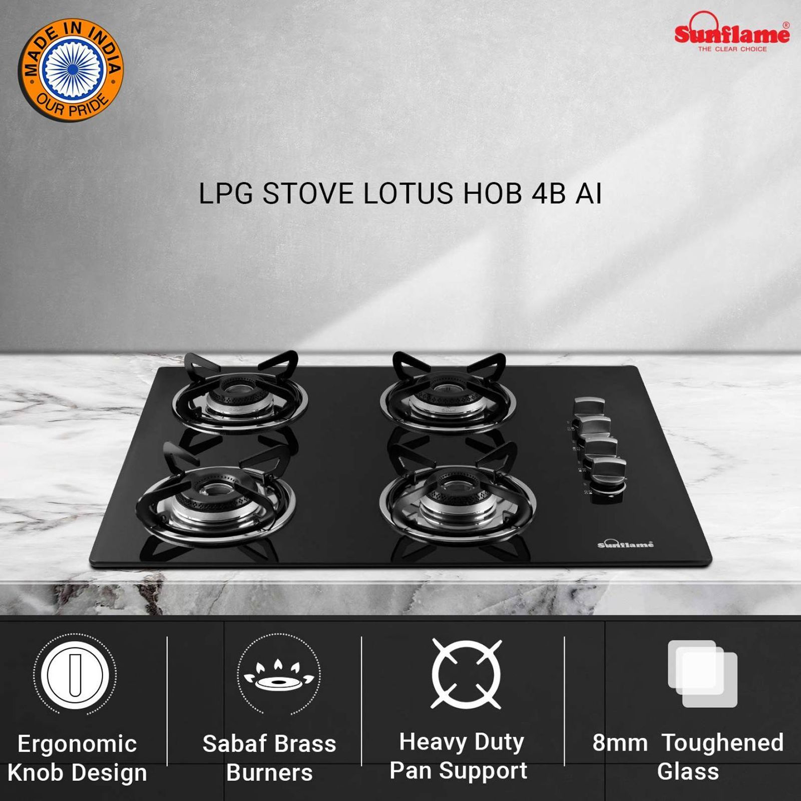 Sunflame Lotus Toughened Glass Top 4 Burner Automatic Hob (Heavy Duty Pan Support, Black)_9