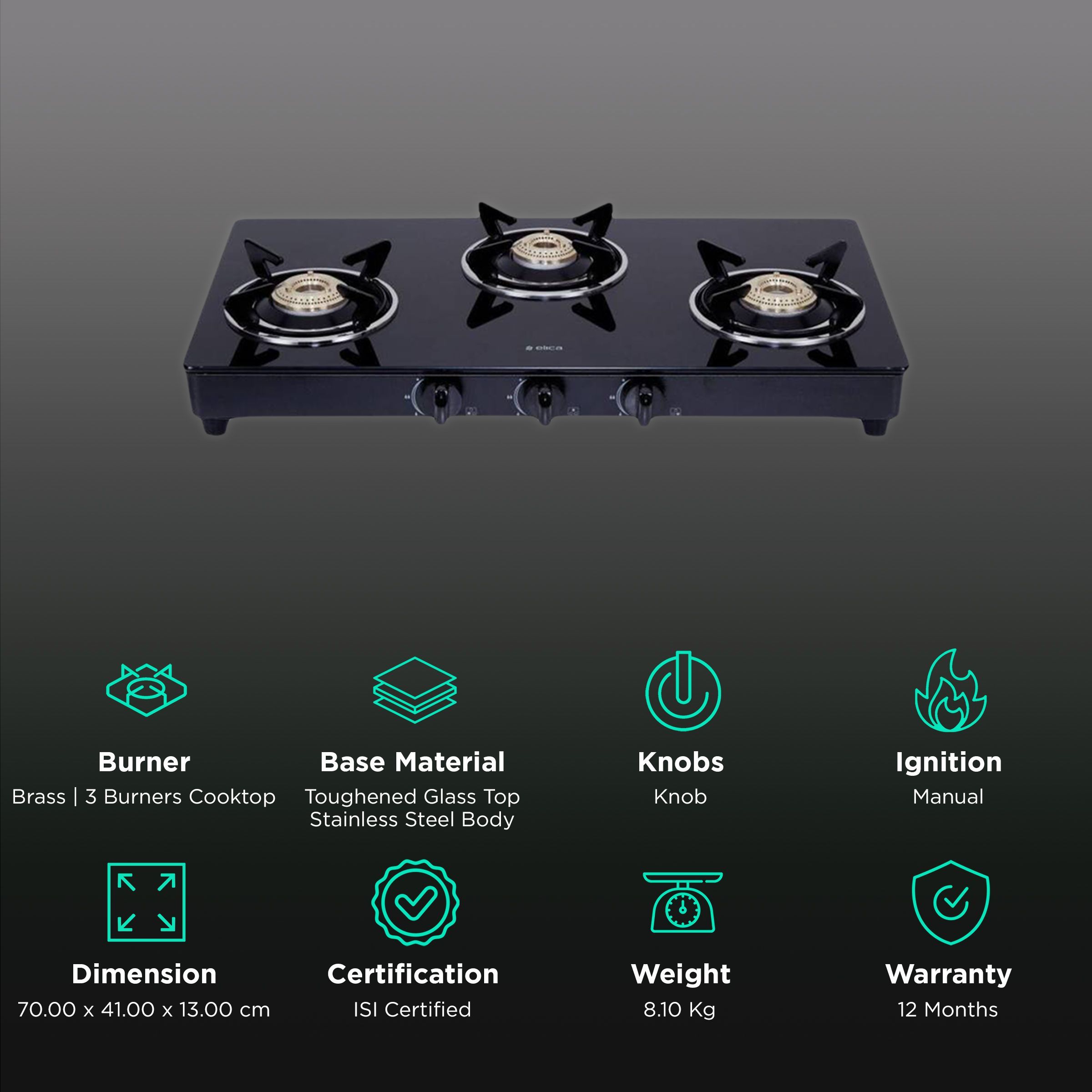 elica 703 CT VETRO BK OR SS Glass Top 3 Burner Manual Gas Stove (ISI Certified, Black)_3