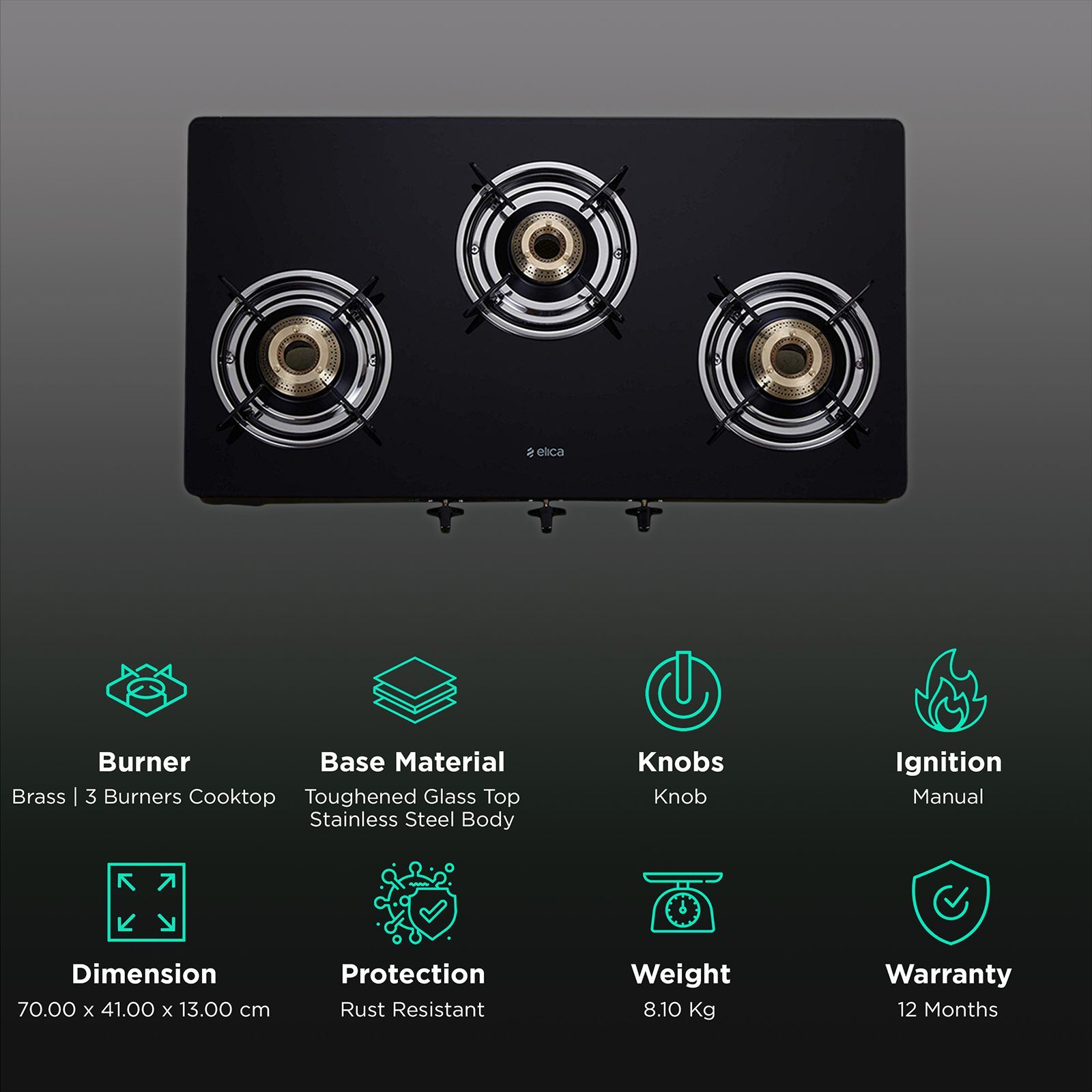 Elica 703 CT VETRO SS Toughened Glass Top 3 Burner Manual Gas Stove (Round Euro Coated Grid, Black)_3