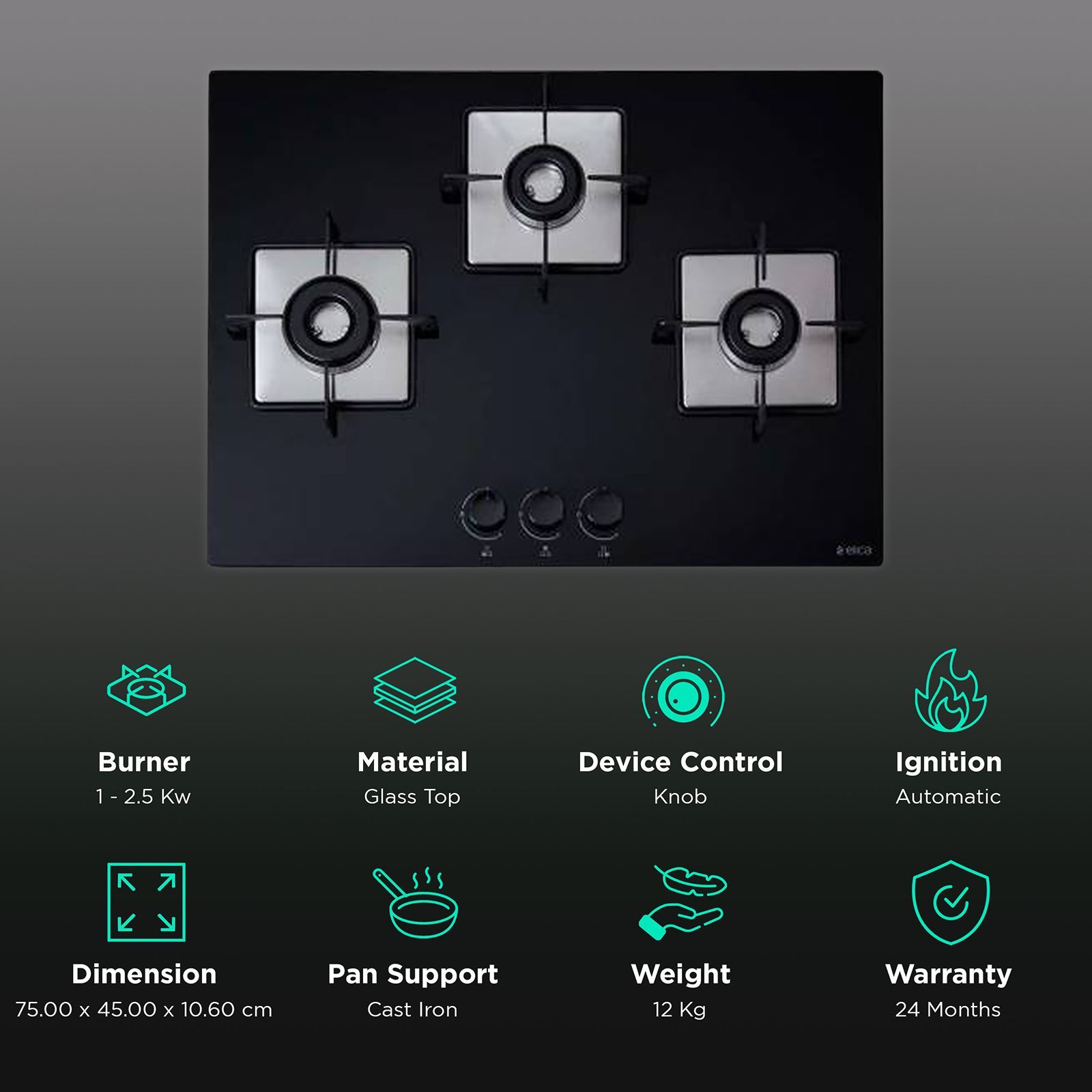 Elica FLEXI HCT 375 DX LOTUS BK Toughened Glass Top 3 Burner Automatic Electric Hob (Cast Iron Grid, Black)_3