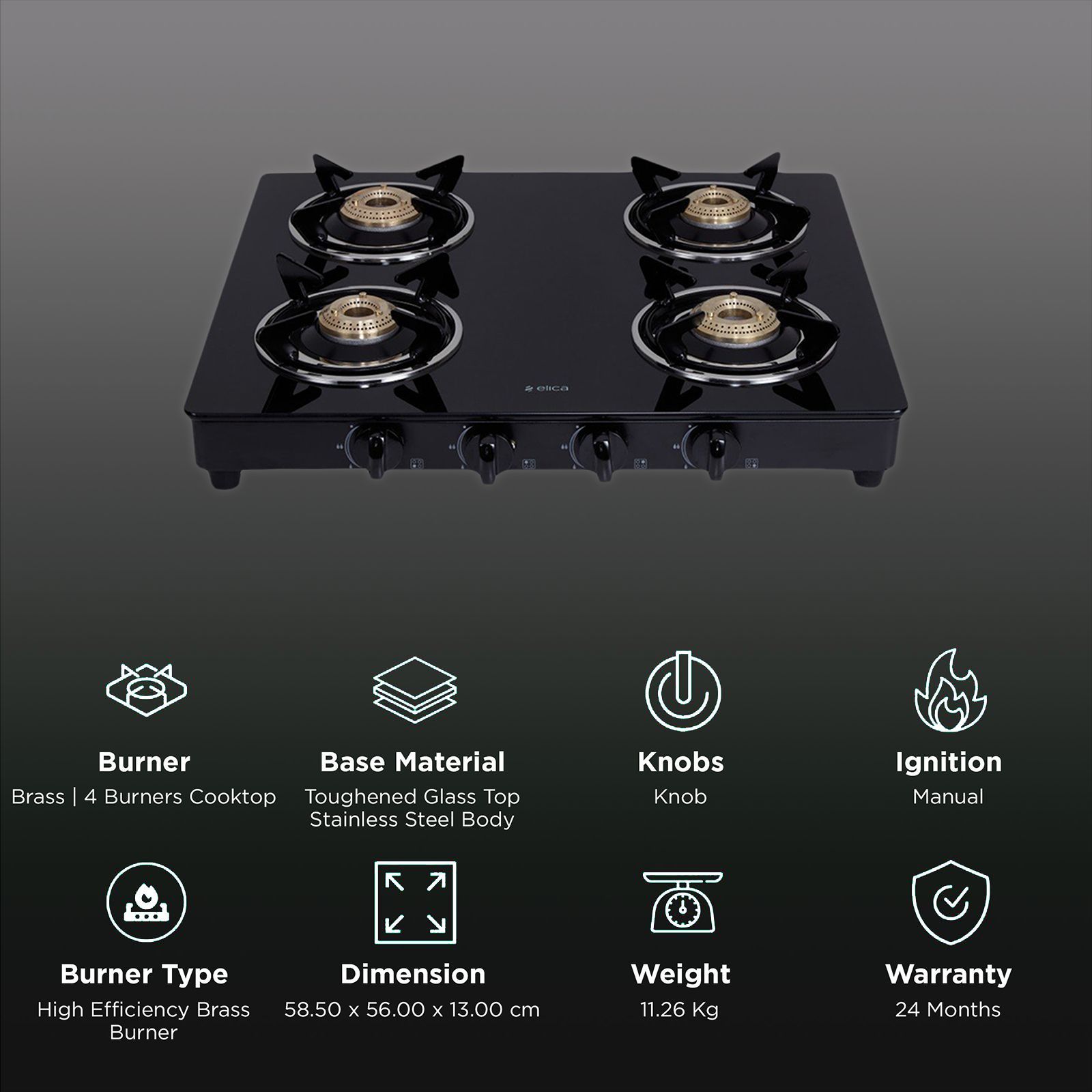 elica 594 CT VETRO BK Glass Top 4 Burner Manual Gas Stove (Round Euro Coated Grid, Black)_3