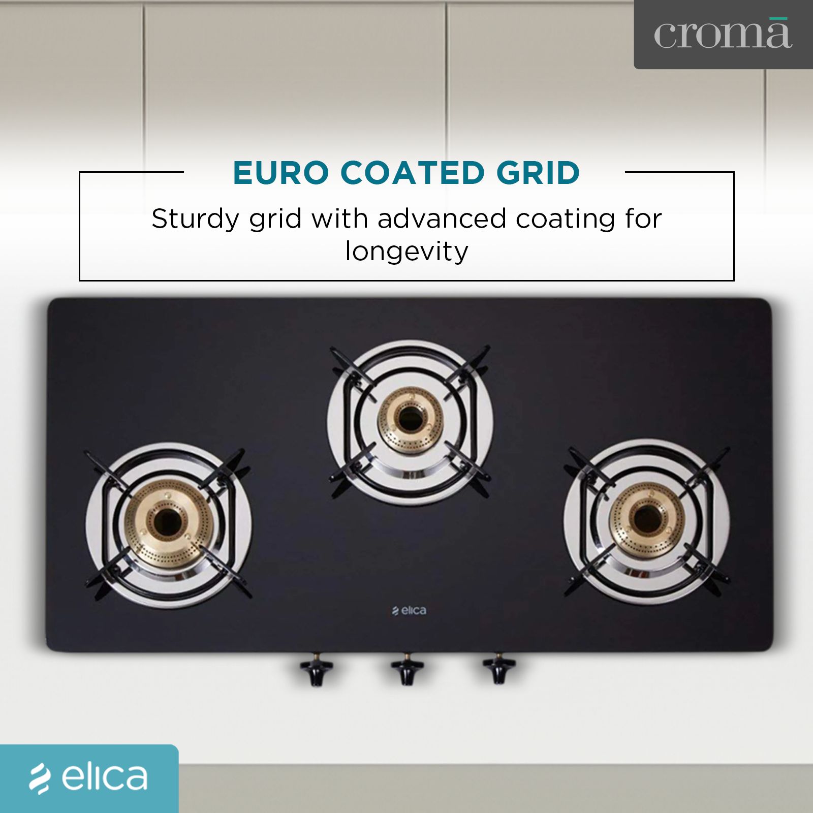 elica 773 CT DT VETRO Toughened Glass Top 3 Burner Manual Gas Stove (Round Euro Coated Grid, Black)_11