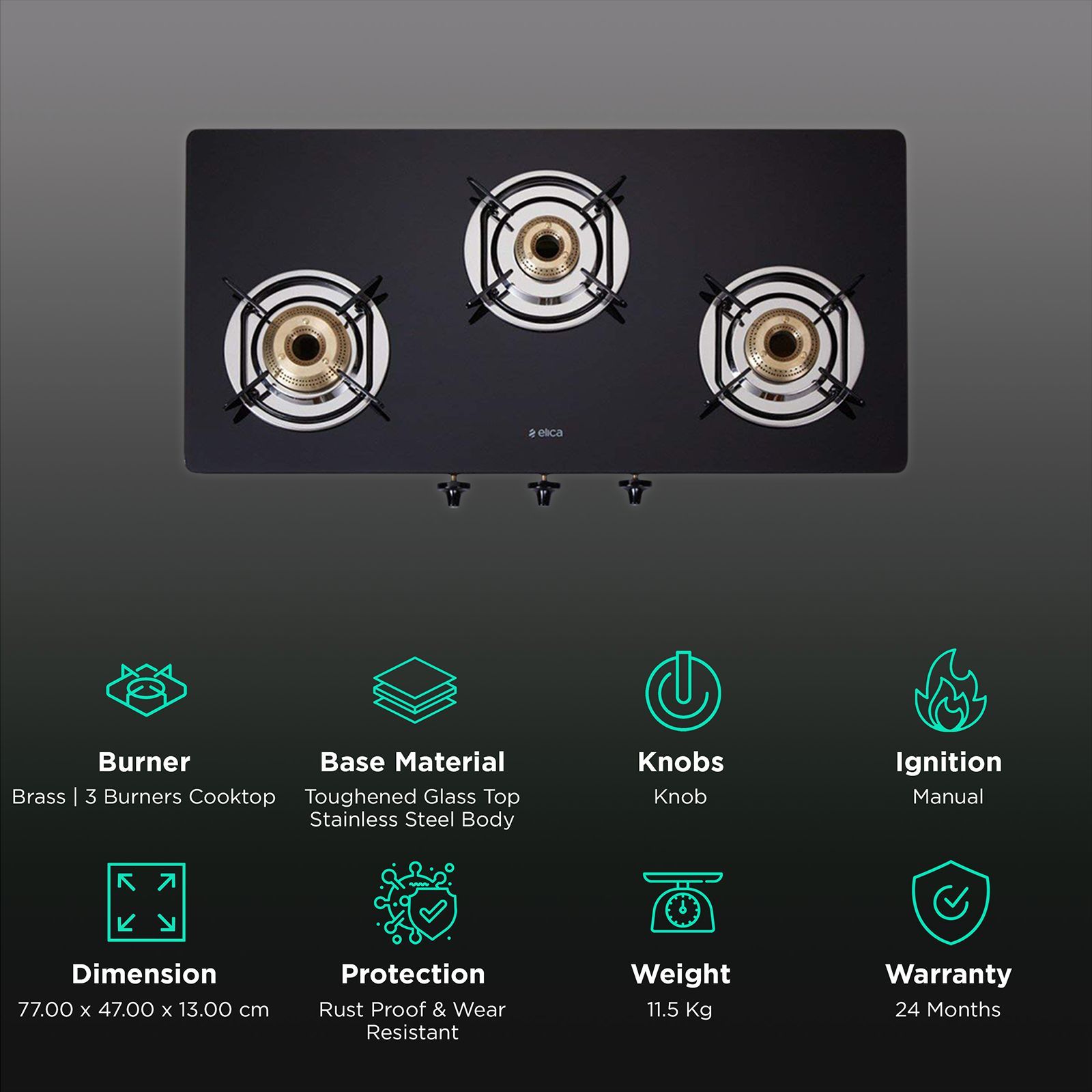 elica 773 CT DT VETRO Toughened Glass Top 3 Burner Manual Gas Stove (Round Euro Coated Grid, Black)_3