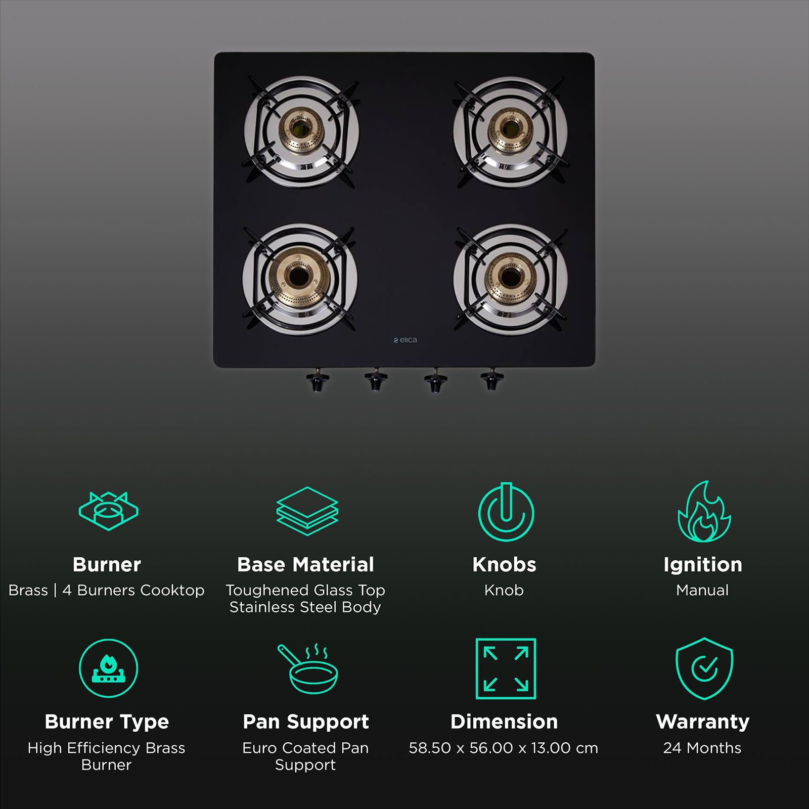 elica 594 CT DT VETRO 1J Glass Top 4 Burner Manual Gas Stove (Round Euro Coated Grid, Black)_3