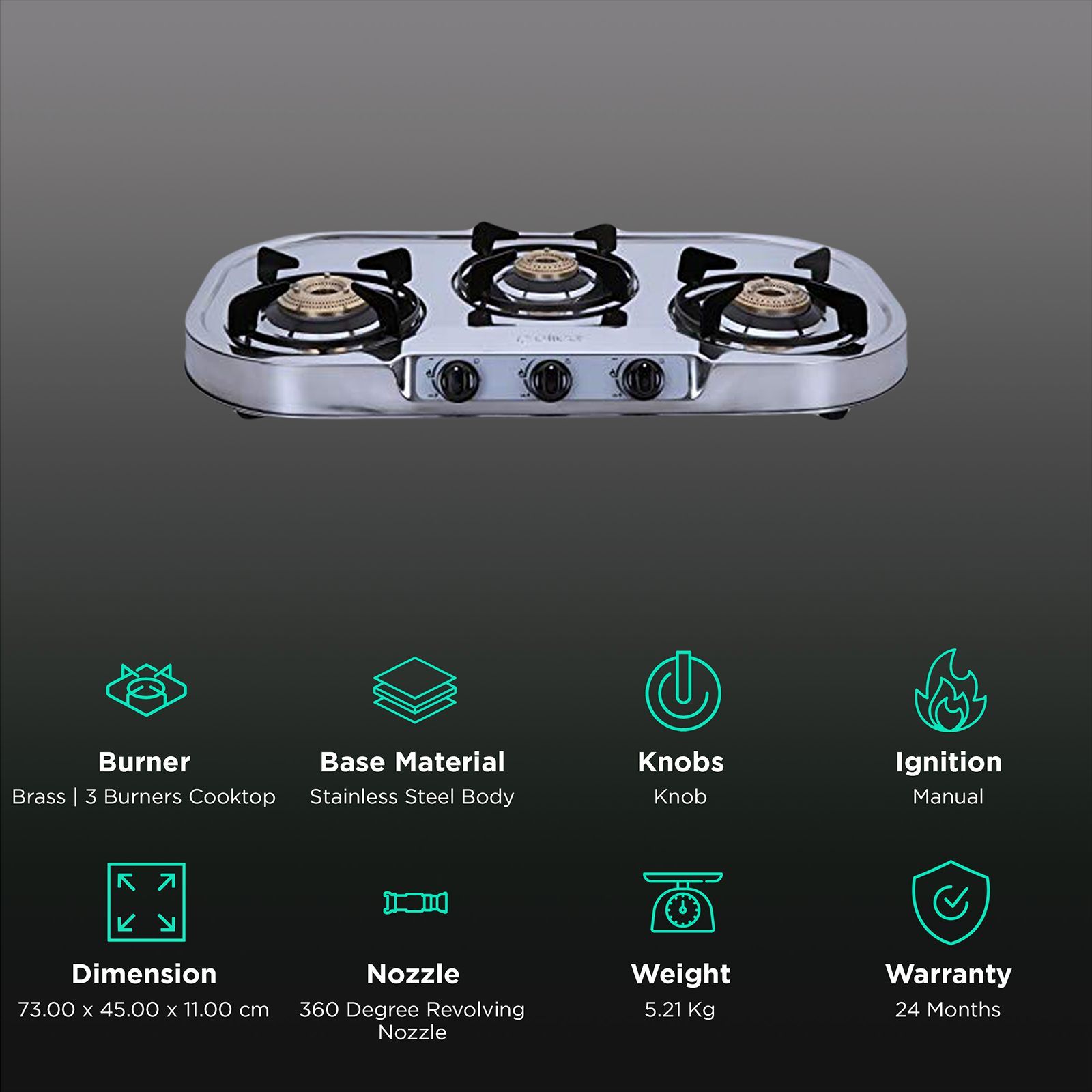 Elica INOX 753 SS 3 Burner Manual Gas Stove (Round Euro Coated Grid, Silver)_3