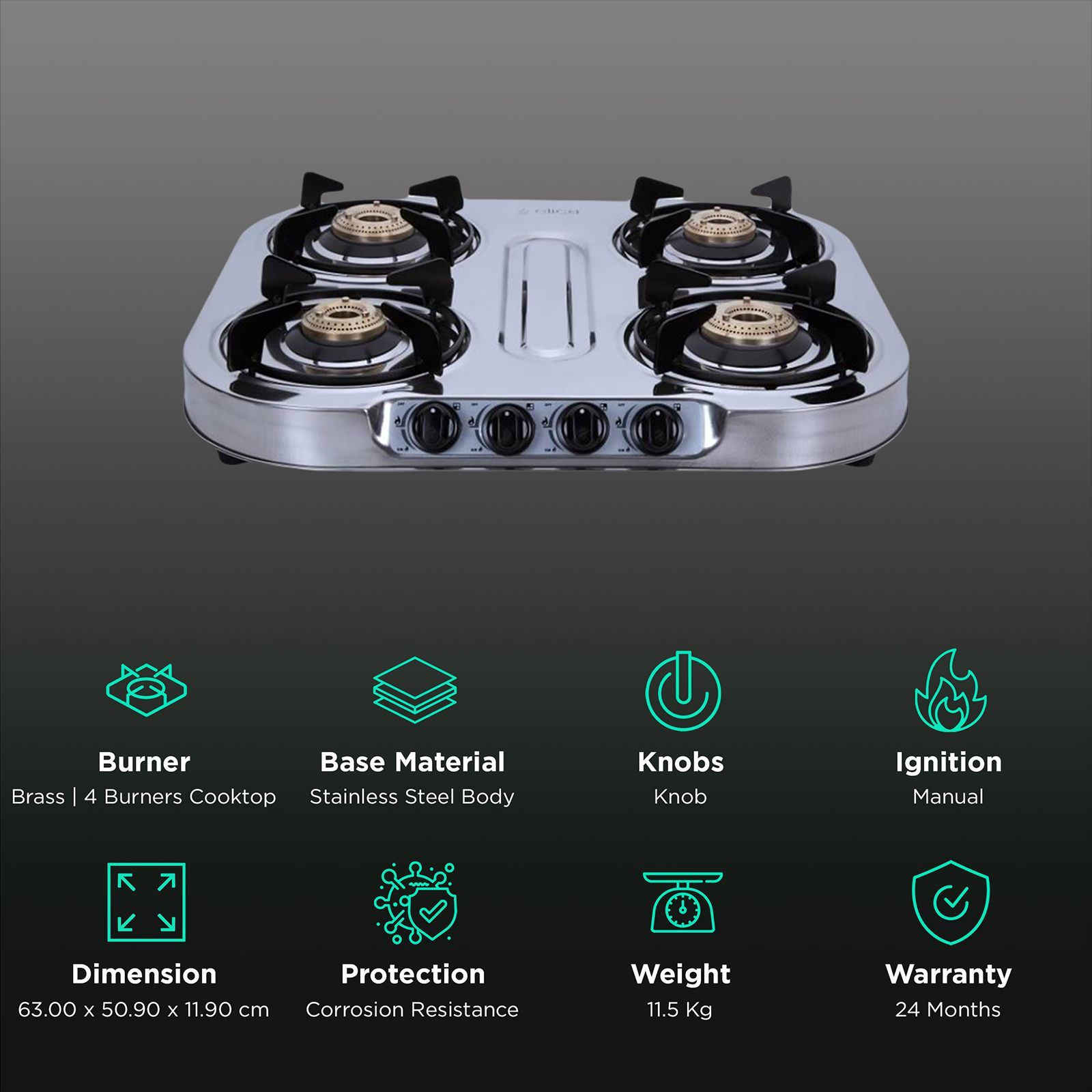 Elica INOX 604 SS 4 Burner Manual Gas Stove (Round Euro Coated Grid, Silver)_3