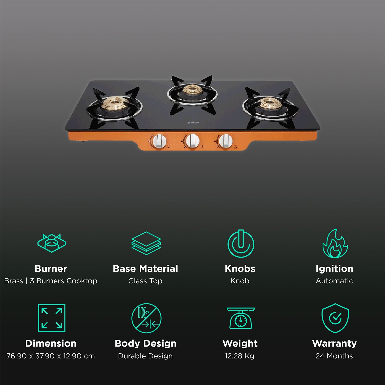 Elica Patio ICT DT773ORG Glass Top 3 Burner Automatic Gas Stove (Round Enamelled Grid, Black/Orange) Elica Patio ICT DT773ORG Glass Top 3 Burner Automatic Gas Stove (Round Enamelled Grid, Black/Orange)_3