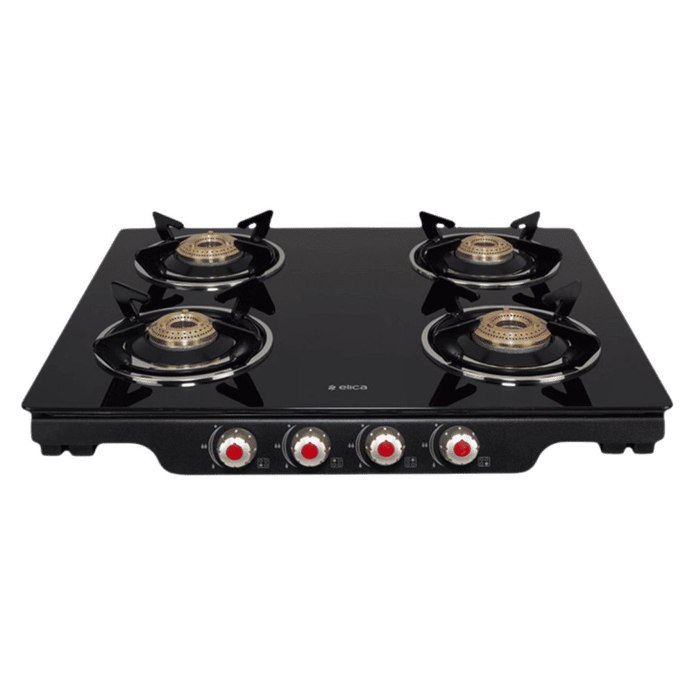 Elica Patio ICT DT 460 BLK S Glass Top 4 Burner Manual Gas Stove (Rotational On Device Control, Black)_1