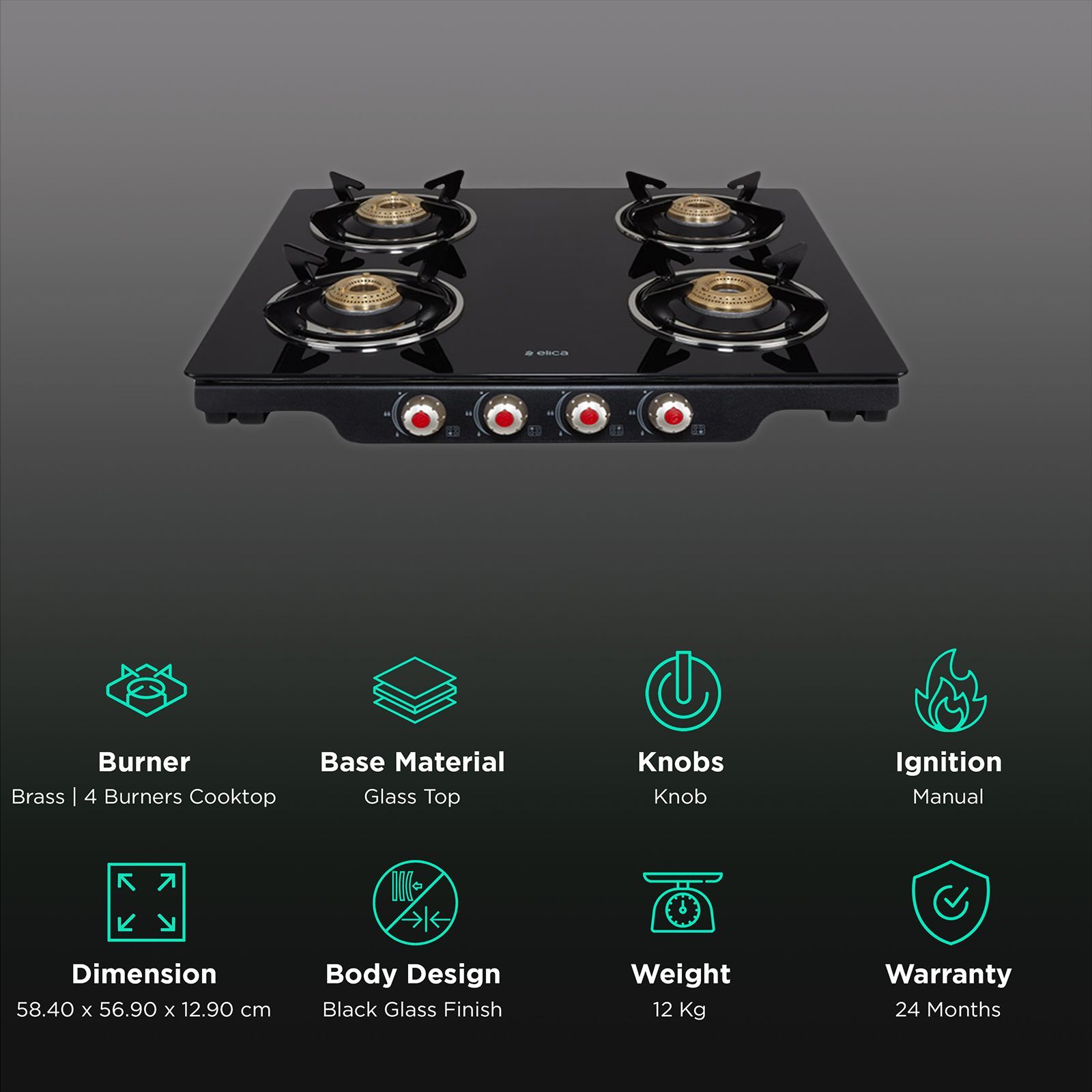 Elica Patio ICT DT 460 BLK S Glass Top 4 Burner Manual Gas Stove (Rotational On Device Control, Black)_3