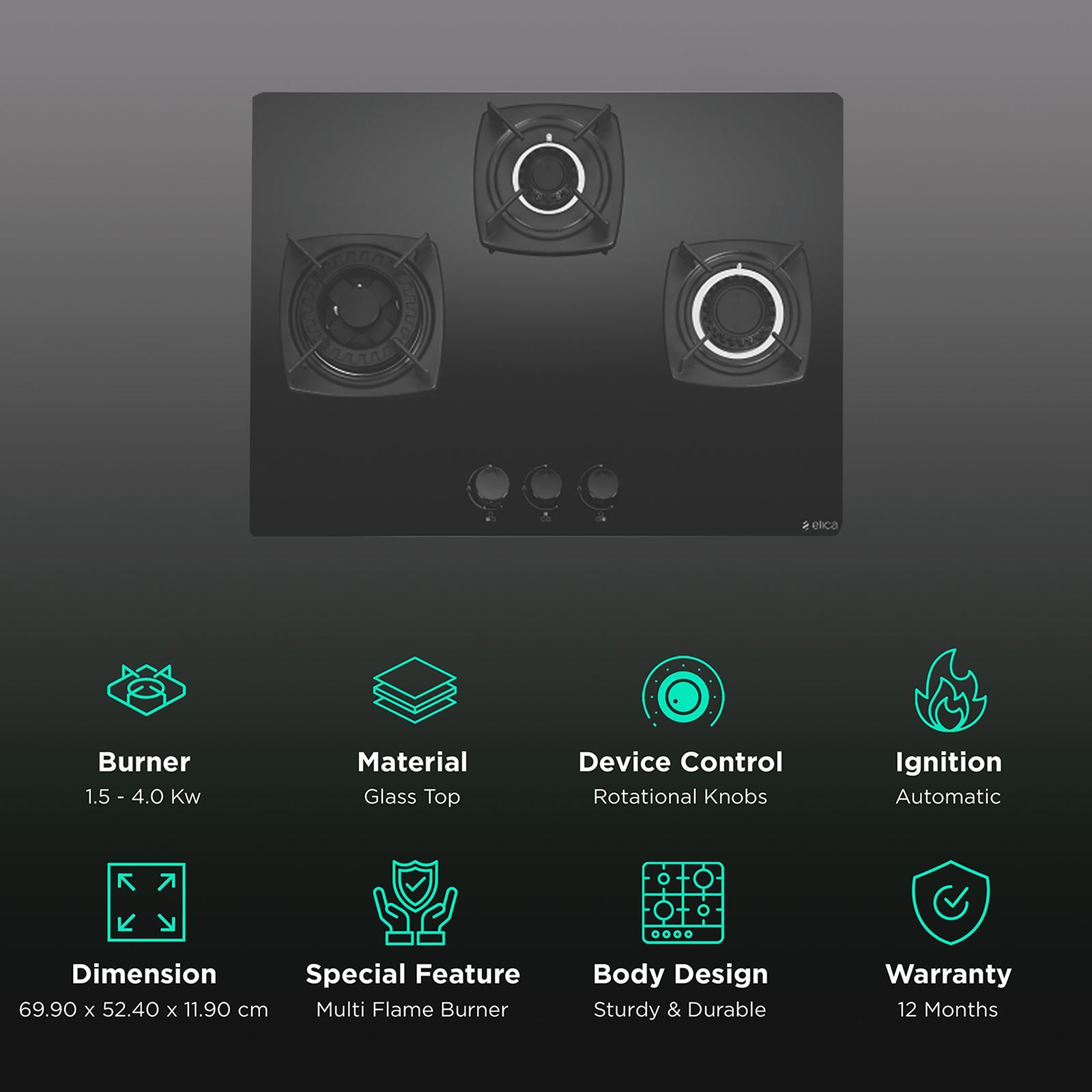 elica DT FLEXI MFC 3B 60 SWIRL Toughened Glass Top 3 Burner Automatic Hob (Rotational On Device Control, Black)_3