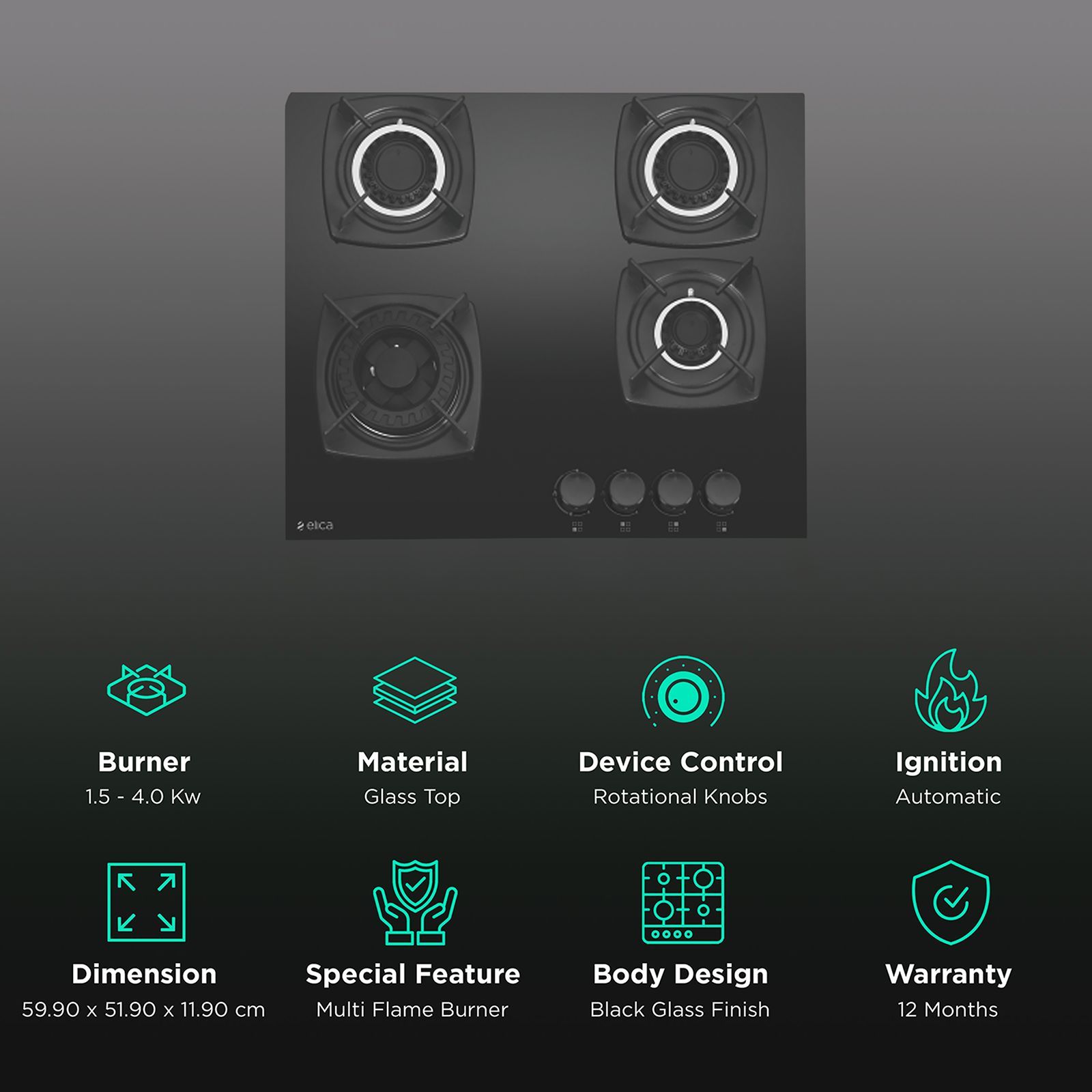 Elica DT FLEXI MFC 4B 60 SWIRL Glass Top 4 Burner Automatic Hob (Rotational On Device Control, Black)_3