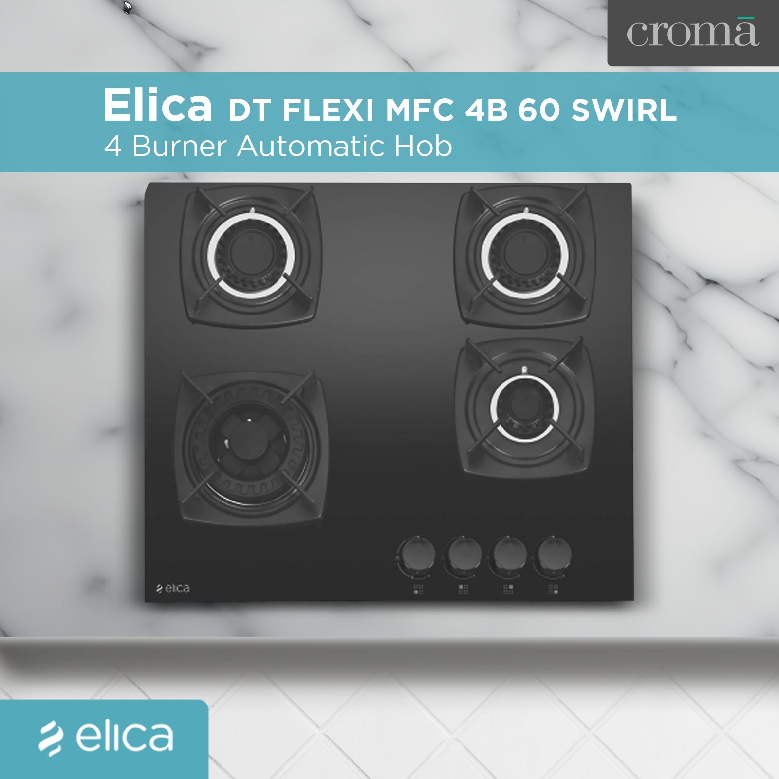 Elica DT FLEXI MFC 4B 60 SWIRL Glass Top 4 Burner Automatic Hob (Rotational On Device Control, Black)_4