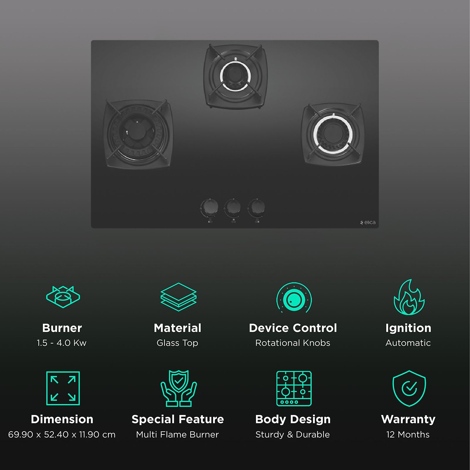 Elica DT FLEXI MFC 3B 70 SWIRL Glass Top 3 Burner Automatic Hob (Rotational On Device Control, Black)_3