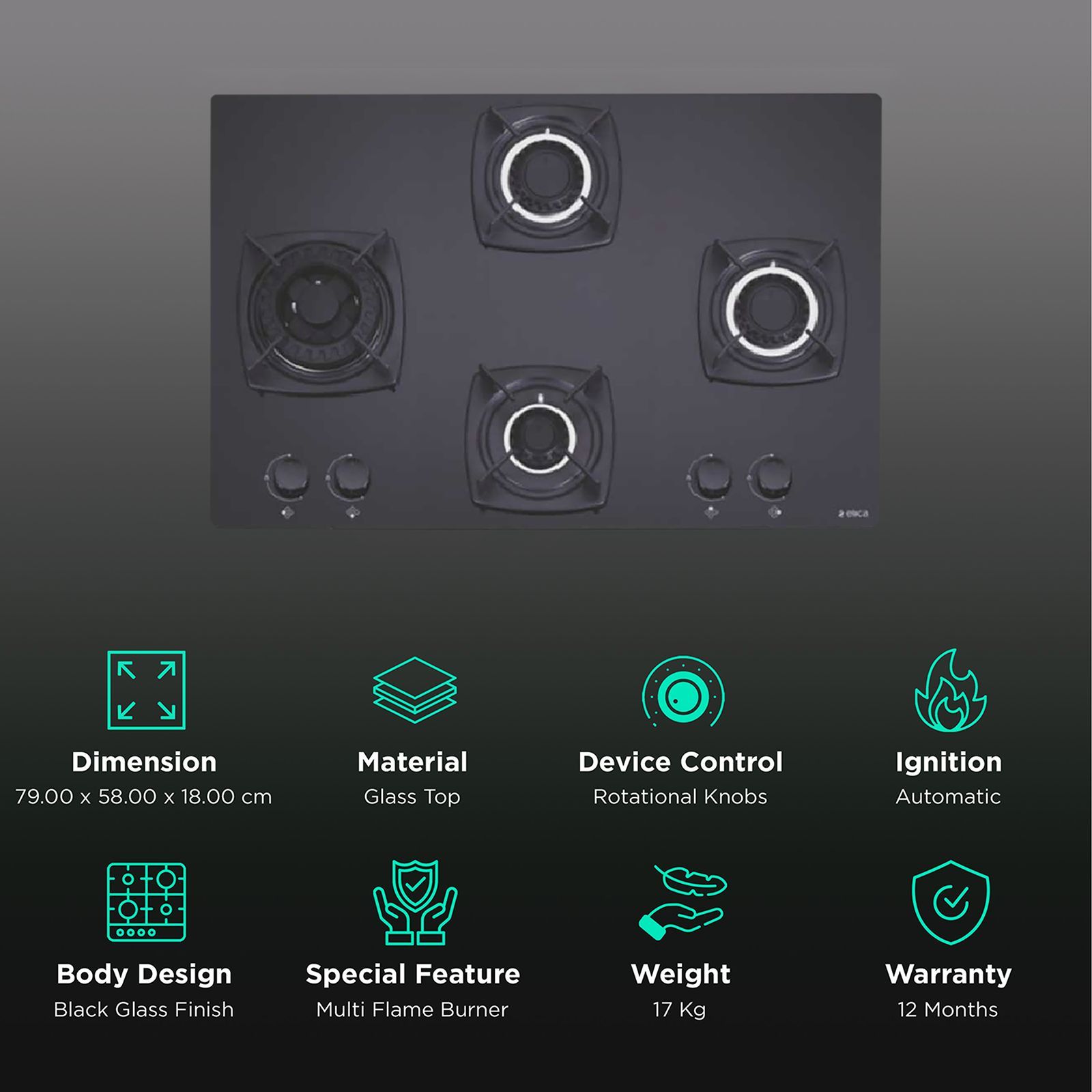 Elica DT FLEXI MFC 4B 70 SWIRL Glass Top 4 Burner Automatic Hob (Rotational On Device Control, Black)_3