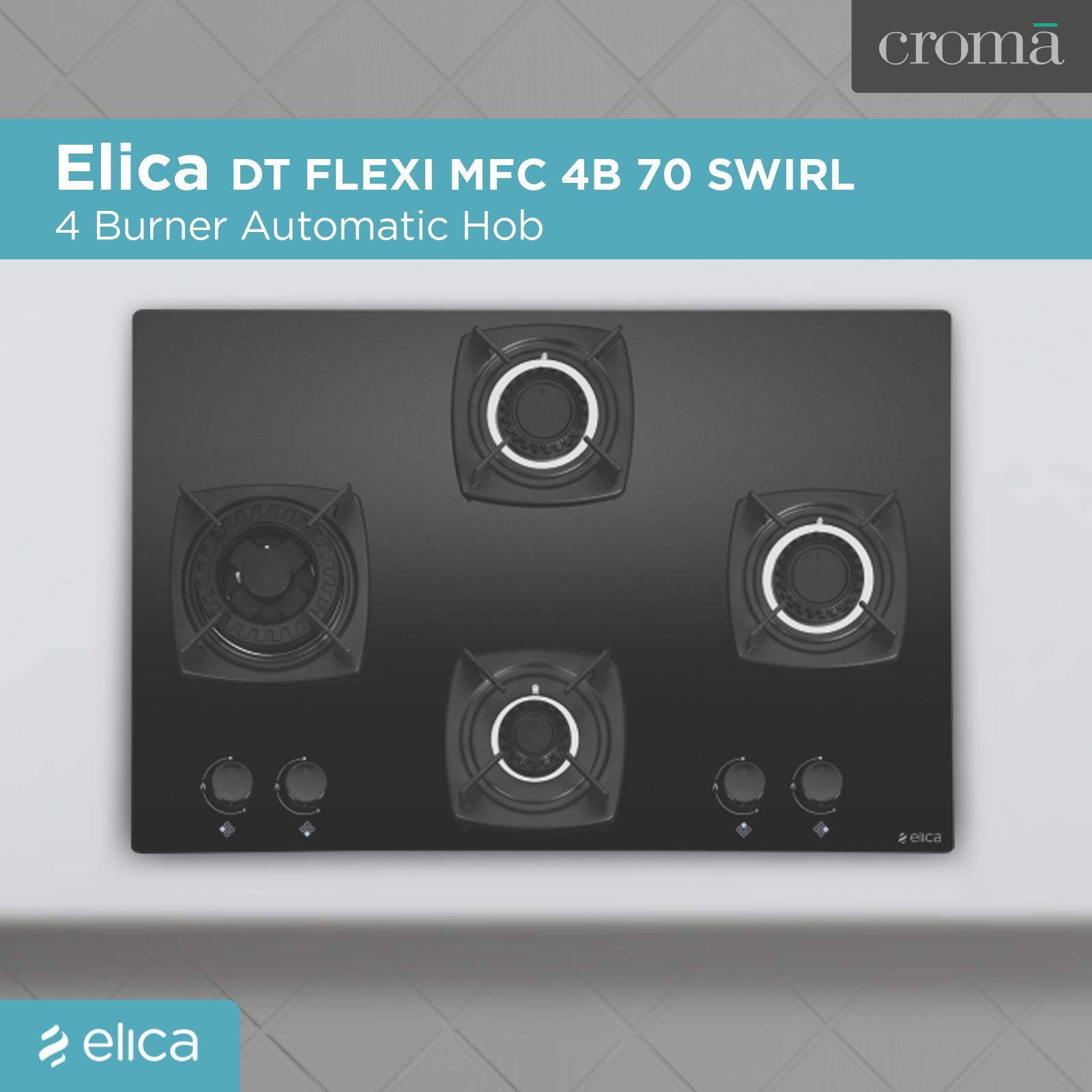 Elica DT FLEXI MFC 4B 70 SWIRL Glass Top 4 Burner Automatic Hob (Rotational On Device Control, Black)_4