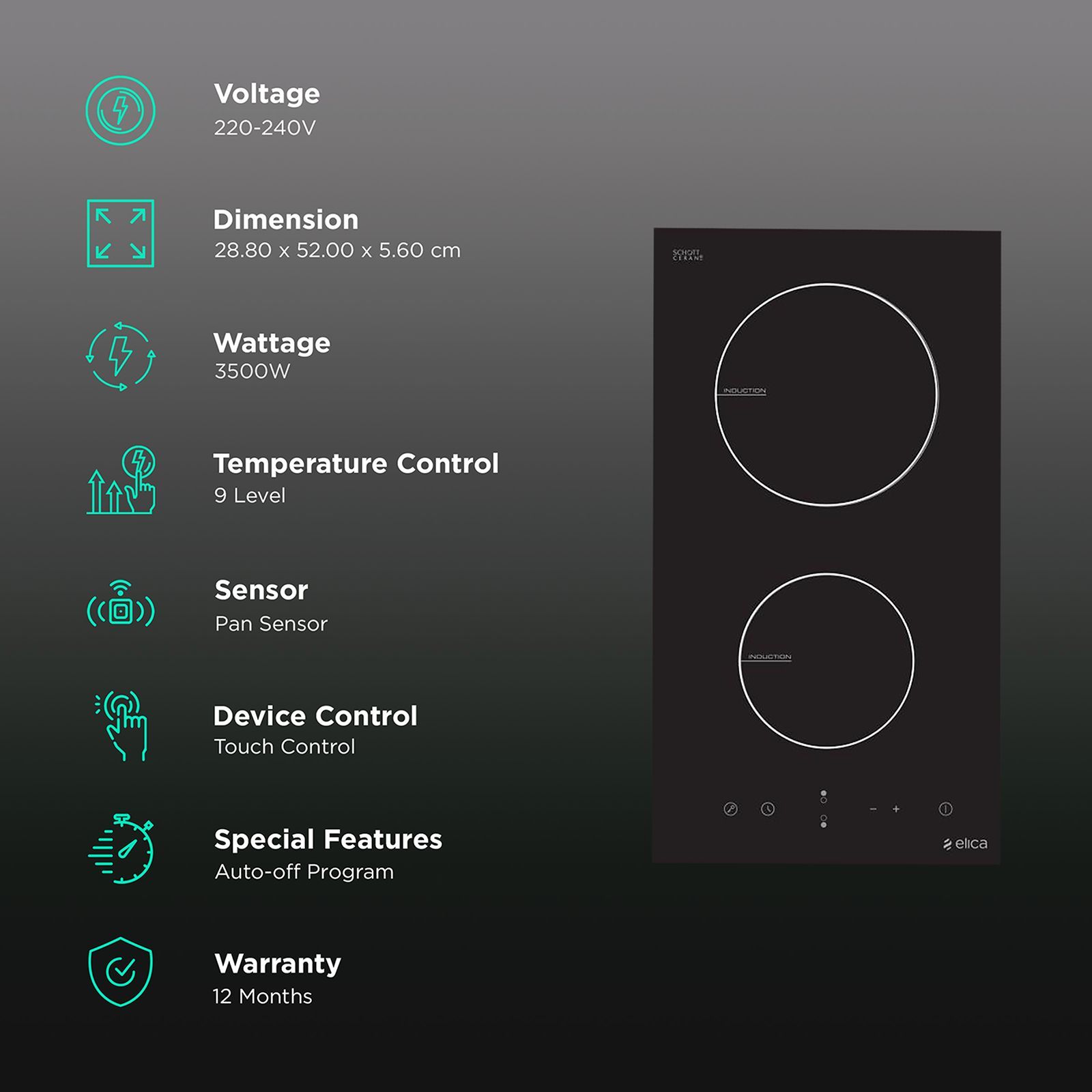 Elica EIH 2 Z 30 3500W Double Induction Hob with Sensor Touch_3