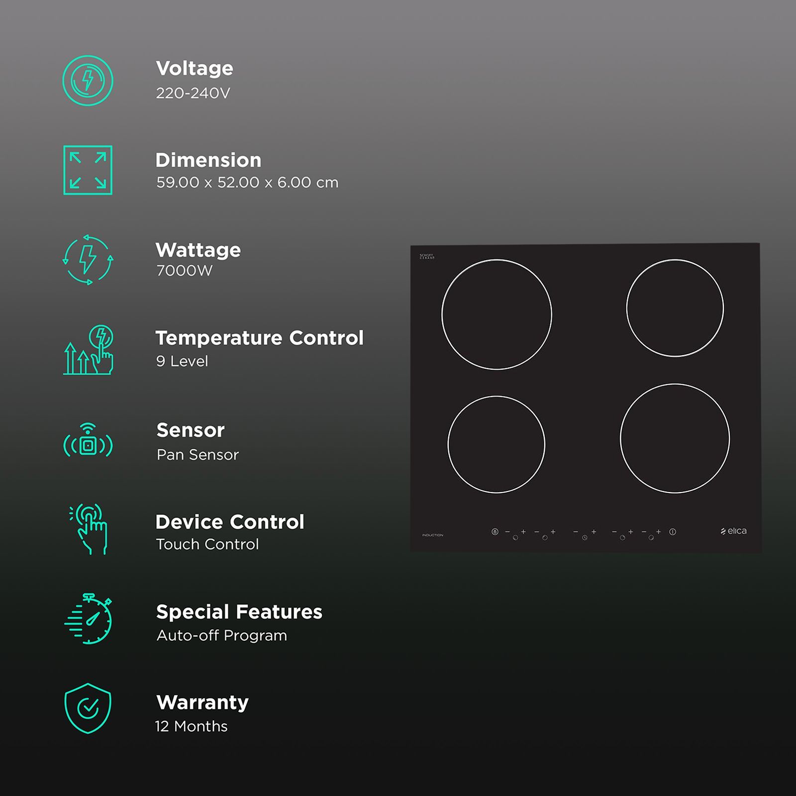 Elica EIH 4 Z 60 7000W Four Induction Hob with Sensor Touch_3