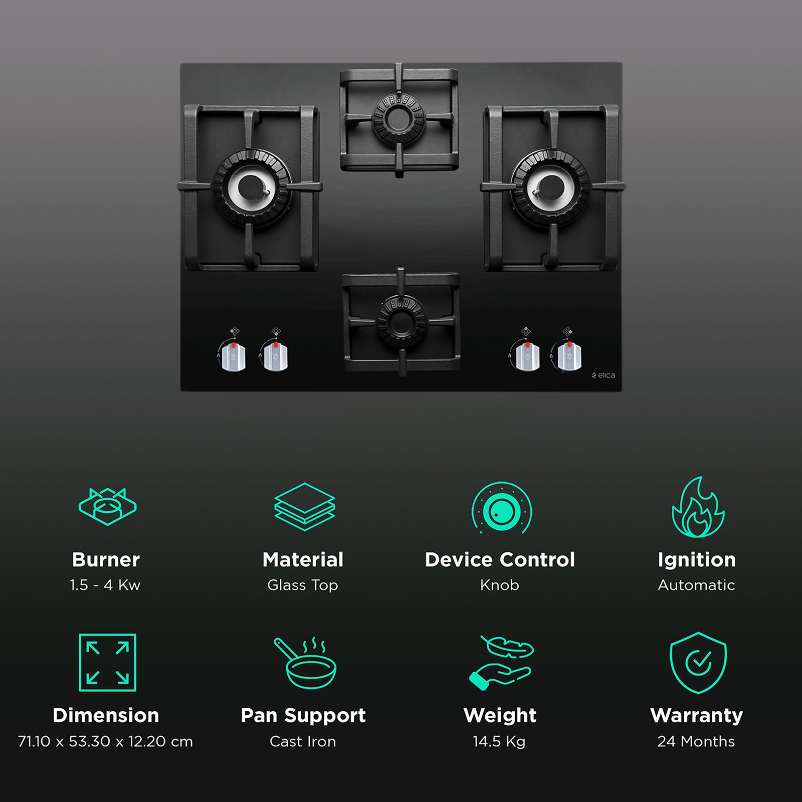Elica PRO MFC 4B 70 DX SWIRL Glass Top 4 Burner Automatic Hob (Square Grid, Black)_3