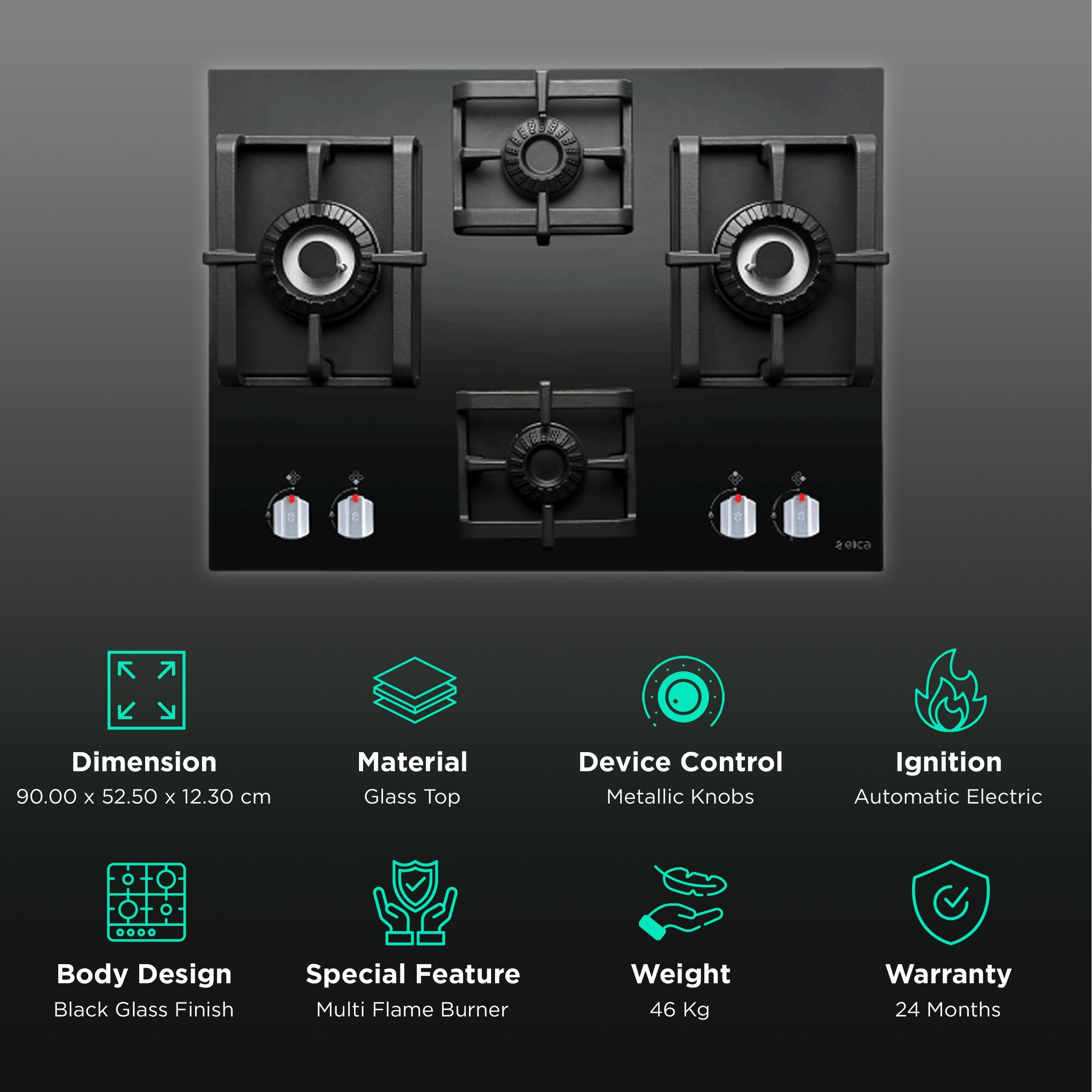 Elica PRO MFC 4B 91 DX SWIRL N Glass Top 4 Burner Automatic Electric Hob (Metallic Knob, Black)_3