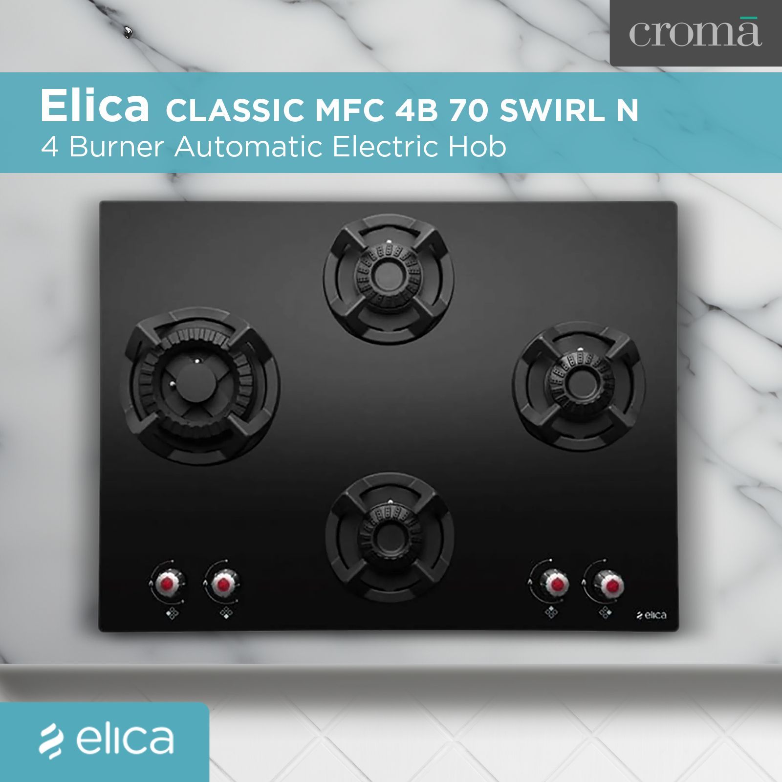 Elica CLASSIC MFC 4B 70 SWIRL N Glass Top 4 Burner Automatic Electric Hob (Multi Flame Control, Black)_6