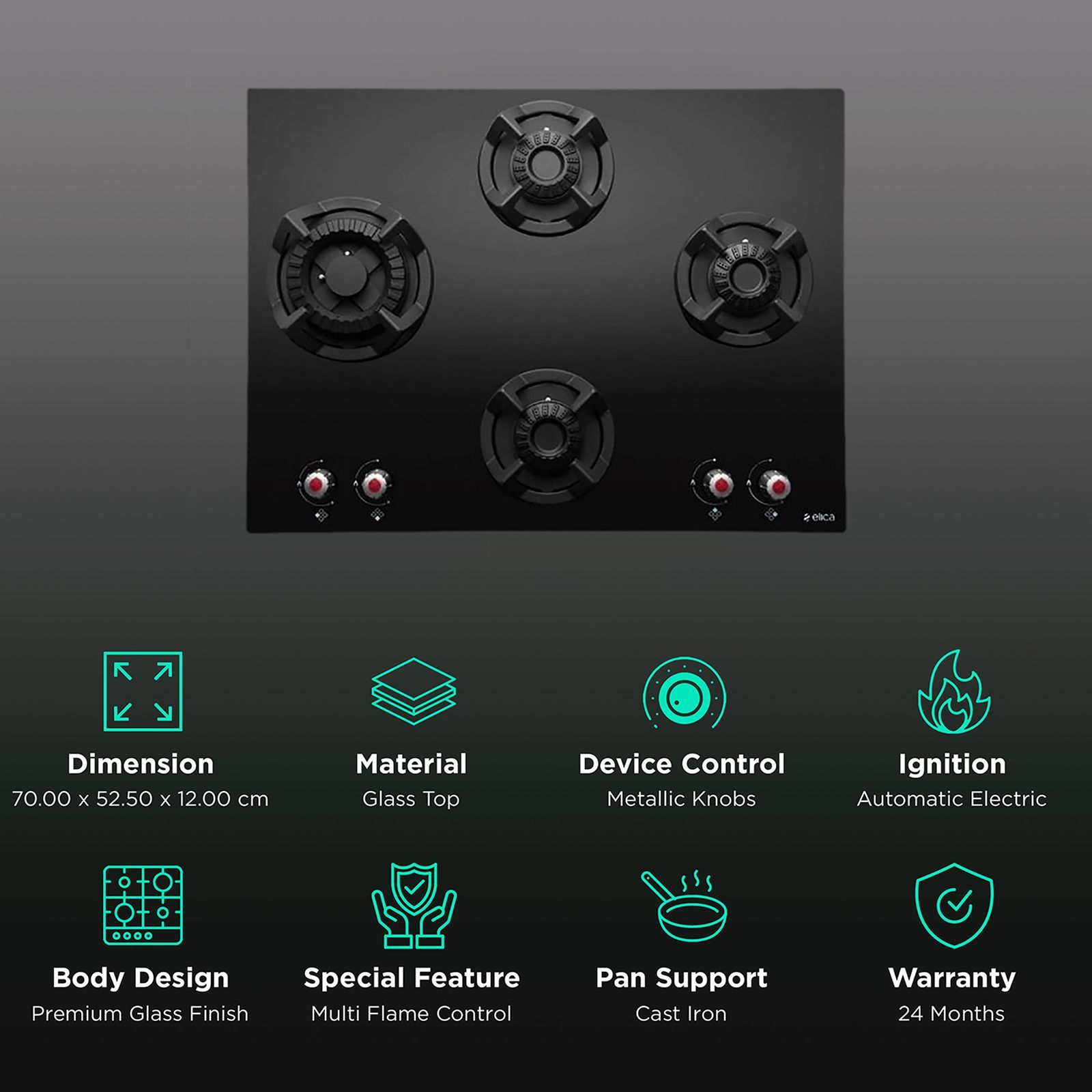 Elica CLASSIC MFC 4B 70 SWIRL N Glass Top 4 Burner Automatic Electric Hob (Multi Flame Control, Black)_3