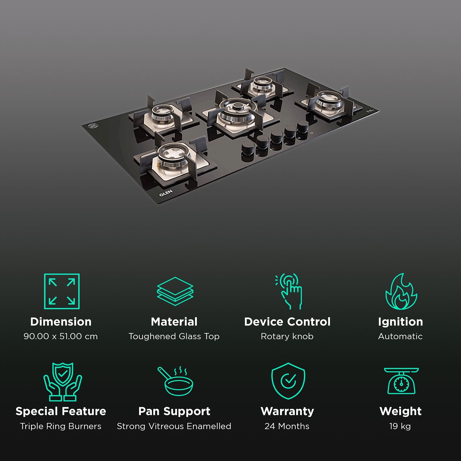 GLEN Gl 1095 Toughened Glass Top 5 Burner Automatic Hob (Strong Vitreous Enamelled Pan Support, Black)_2