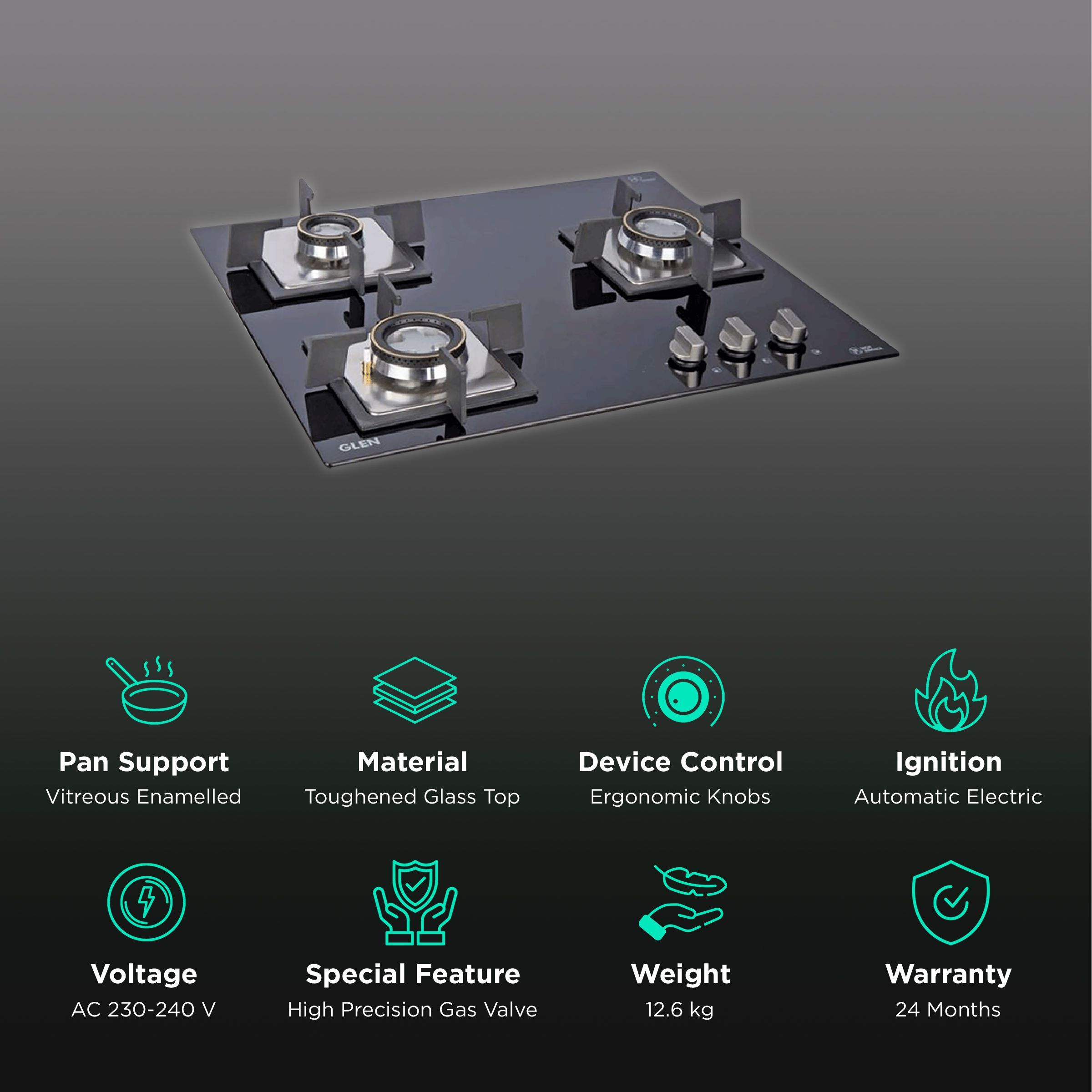 Glen 1063 SQ DB Toughened Glass Top 3 Burner Automatic Electric Hob (Scratch & Stain Resistant, Black) Glen 1063 SQ DB Toughened Glass Top 3 Burner Automatic Electric Hob (Scratch & Stain Resistant, Black)_3