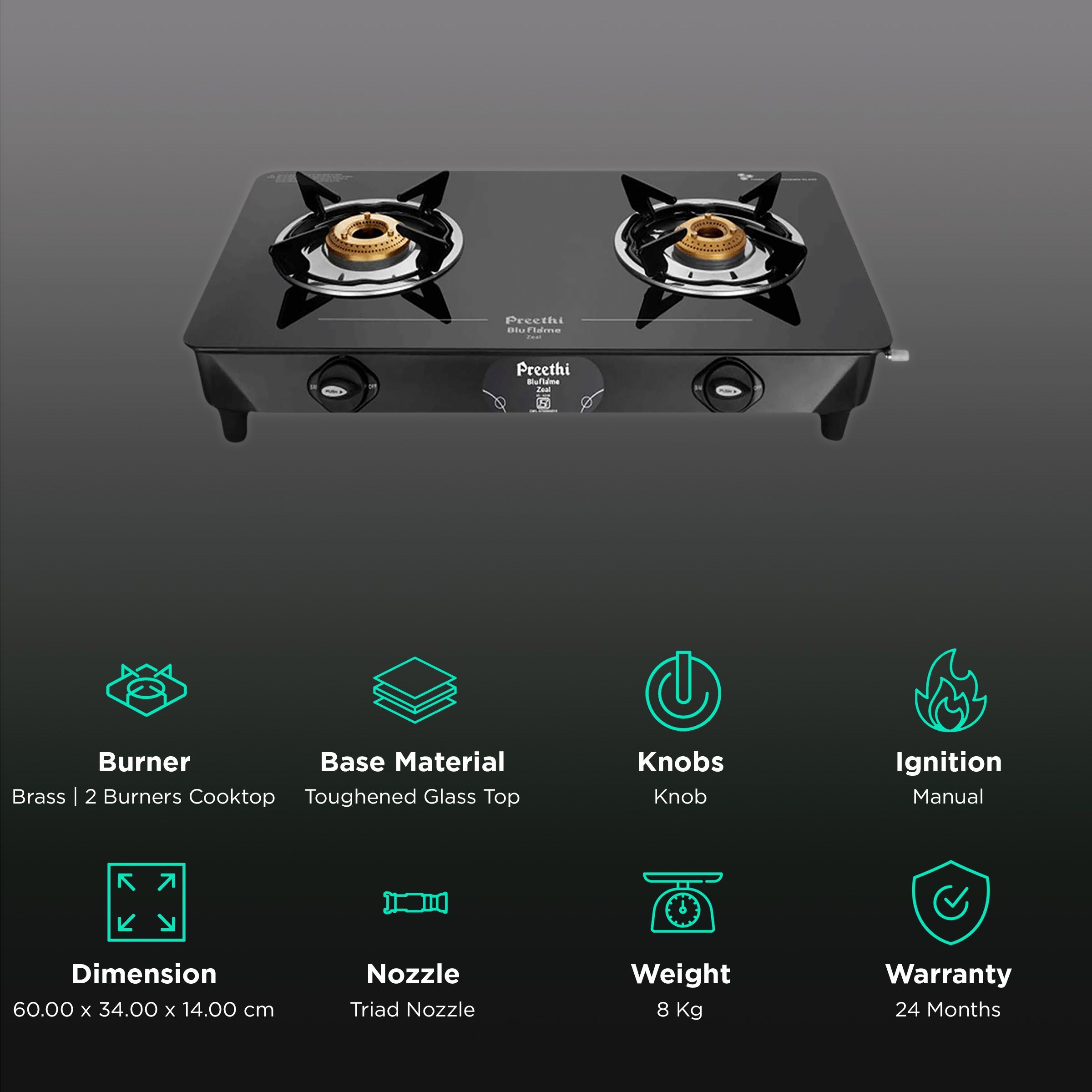 Preethi Zeal 2B Toughened Glass Top 2 Burner Manual Gas Stove (Triad Nozzle Connection, Black)_3