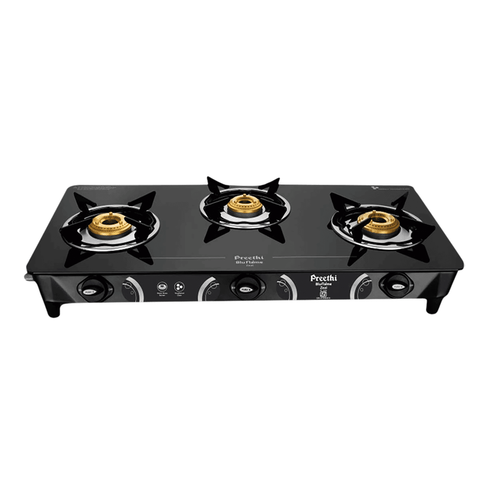 Preethi Zeal 3B Toughened Glass Top 3 Burner Manual Gas Stove (High Efficiency Tri-pin Burners, Black) Preethi Zeal 3B Toughened Glass Top 3 Burner Manual Gas Stove (High Efficiency Tri-pin Burners, Black)_1