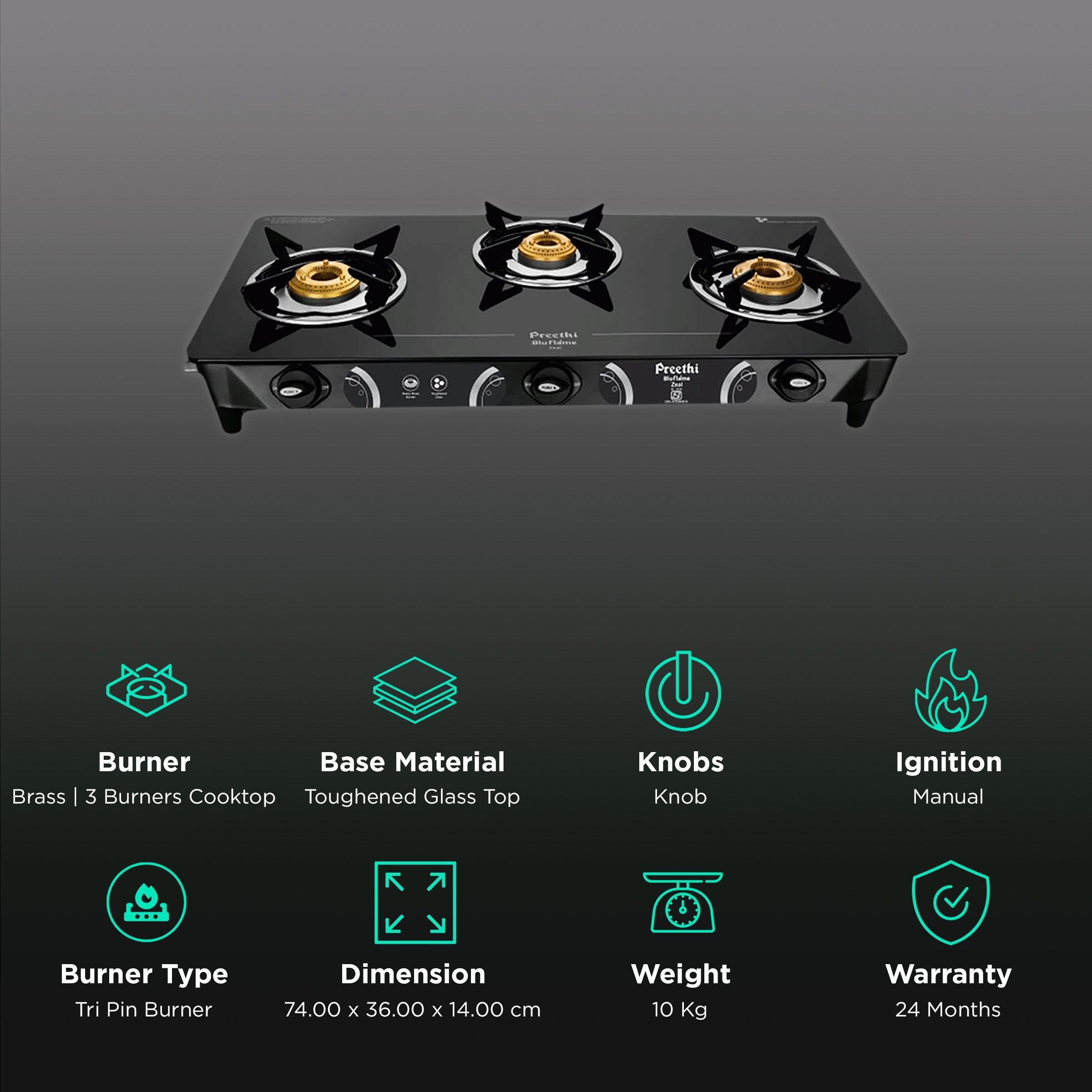 Preethi Zeal 3B Toughened Glass Top 3 Burner Manual Gas Stove (High Efficiency Tri-pin Burners, Black) Preethi Zeal 3B Toughened Glass Top 3 Burner Manual Gas Stove (High Efficiency Tri-pin Burners, Black)_3