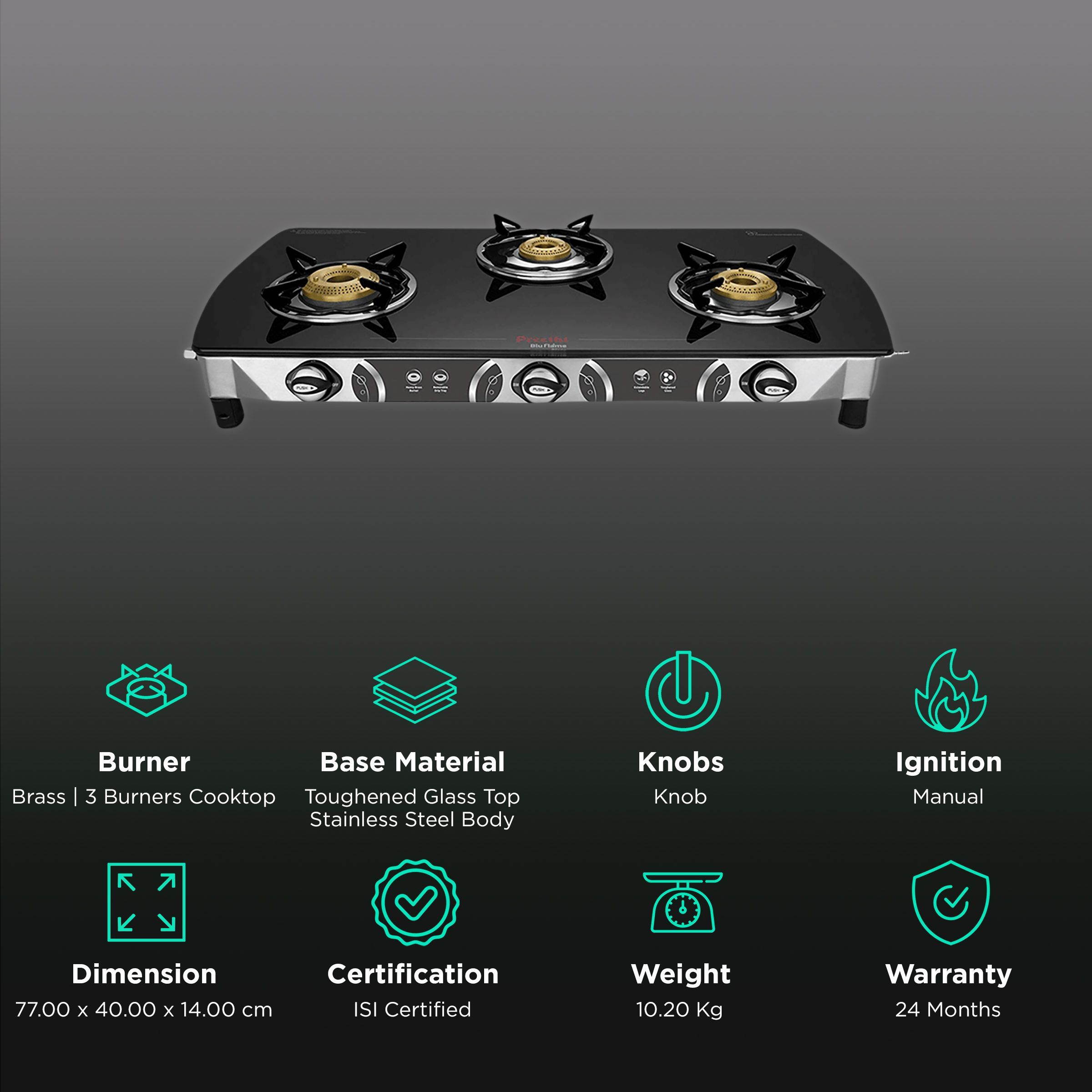 Preethi Blue Flame Blaze Toughened Glass Top 3 Burner Manual Gas Stove (Lighter Holder, Black)_3