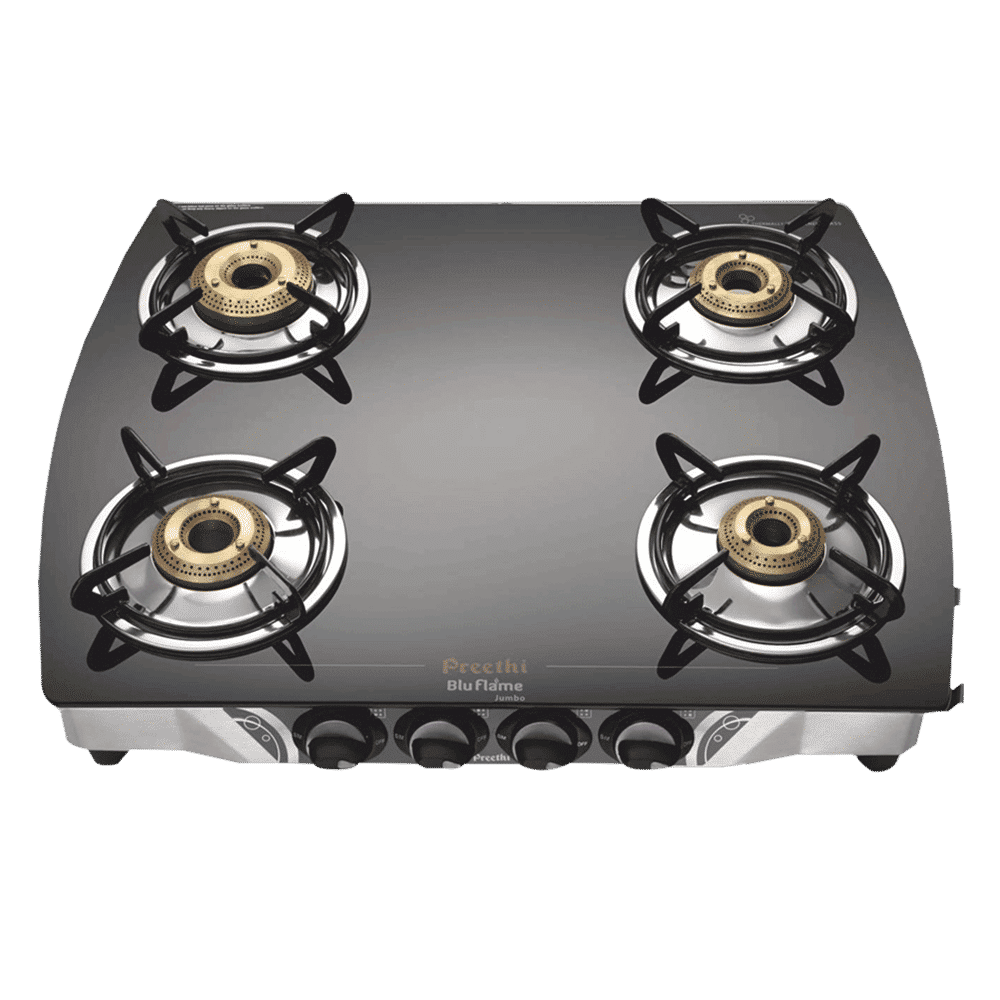Preethi Blu Flame Jumbo Toughened Glass Top 4 Burner Manual Gas Stove (Handy Lighter Holder, Black)_1