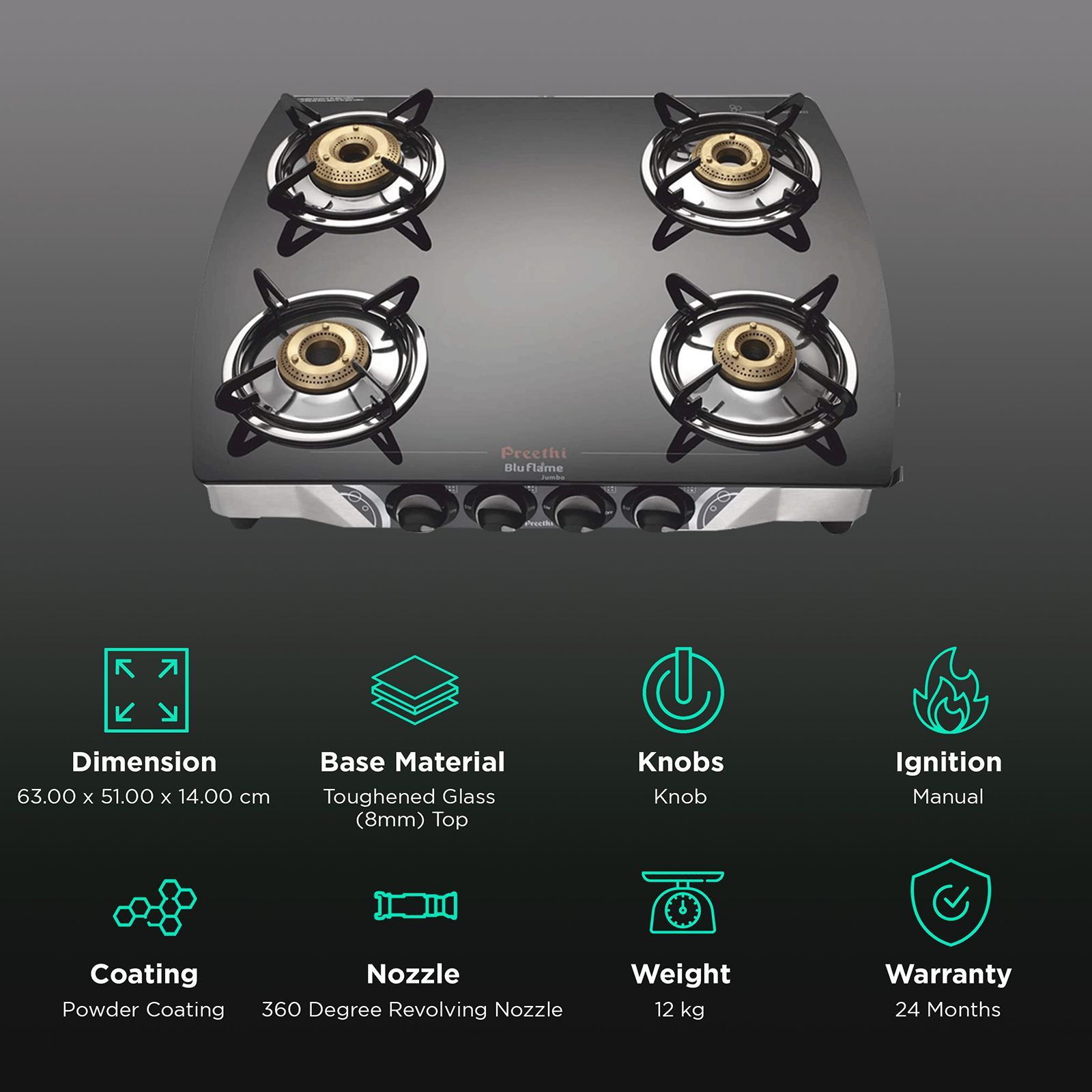 Preethi Blu Flame Jumbo Toughened Glass Top 4 Burner Manual Gas Stove (Handy Lighter Holder, Black)_3