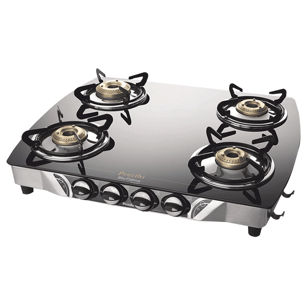 Preethi Blu Flame Jumbo Toughened Glass Top 4 Burner Manual Gas Stove (Handy Lighter Holder, Black)_4