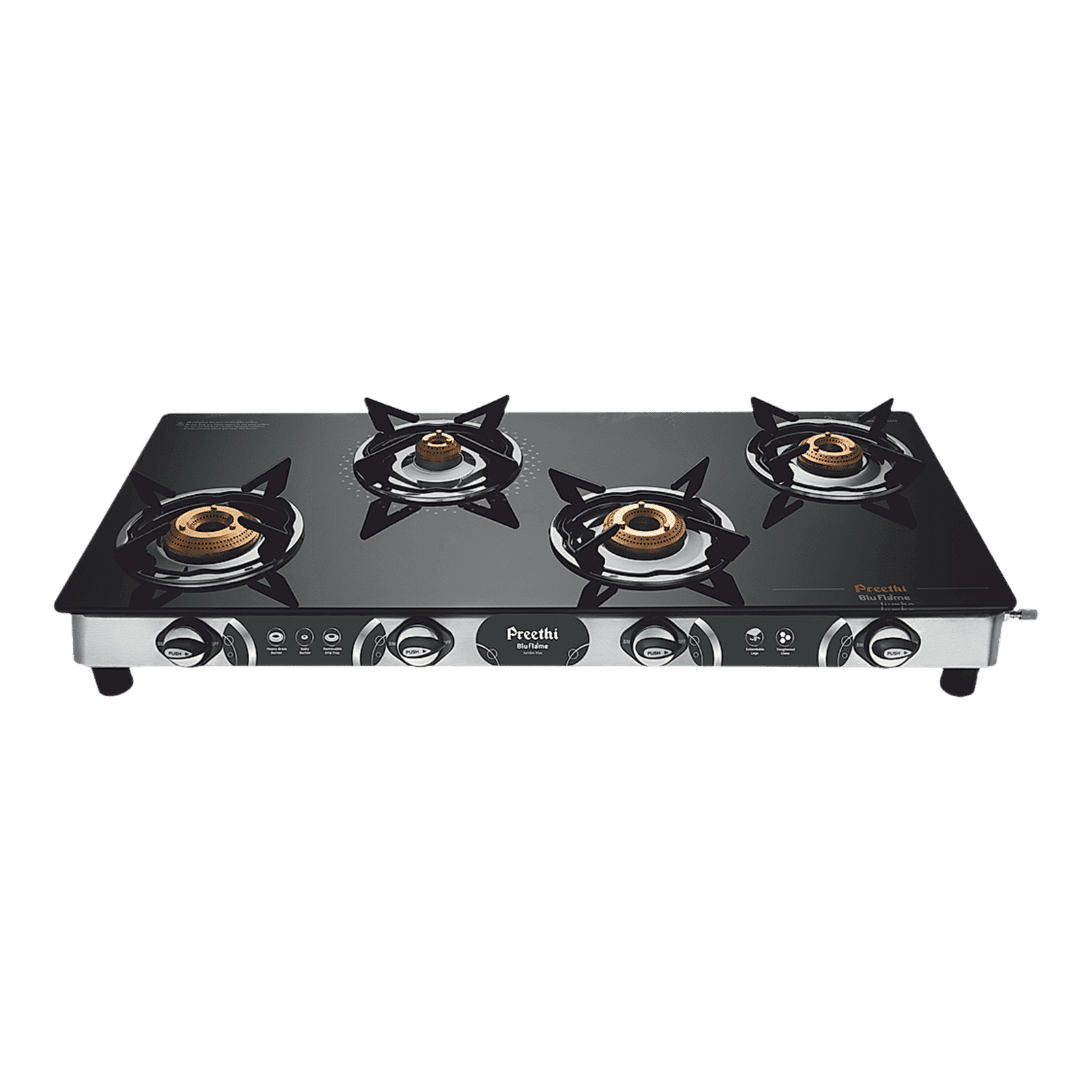 Preethi Blue Flame Jumbo Max Toughened Glass Top 4 Burner Manual Gas Stove (Lighter Holder, Black)_1