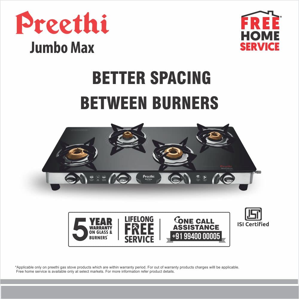 Preethi Blue Flame Jumbo Max Toughened Glass Top 4 Burner Manual Gas Stove (Lighter Holder, Black)_6