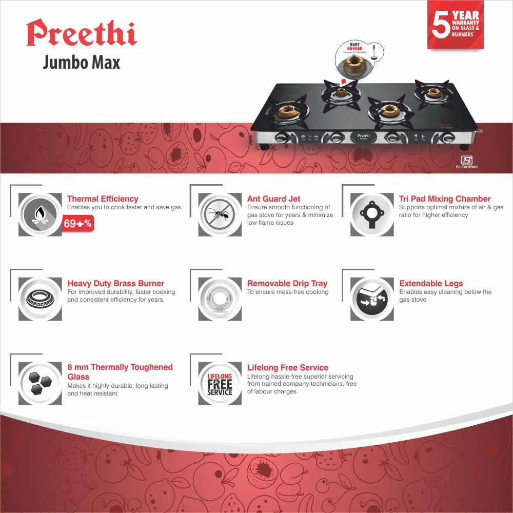 Preethi Blue Flame Jumbo Max Toughened Glass Top 4 Burner Manual Gas Stove (Lighter Holder, Black)_8